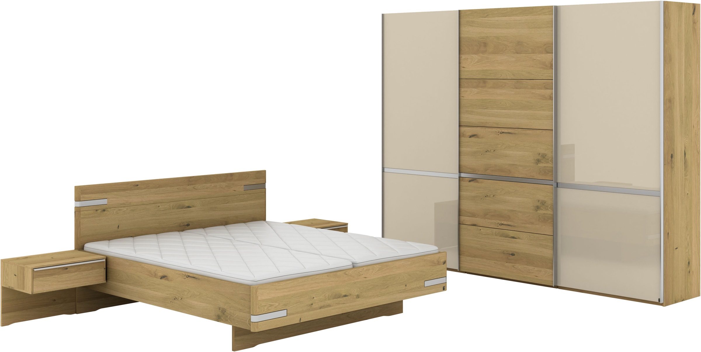 Musterring Schlafzimmer-Set 'Savona, Kleiderschrank, Bett & Nachtkommoden, teilmassiv Bianco-Eiche' 2er-Set Nachtschränke, Schwebetürenschrank, Bett 180x200 cm, Eiche- und Glastüren, Kopfteil Eiche, Konsolen Glasfront, Höhe 236cm