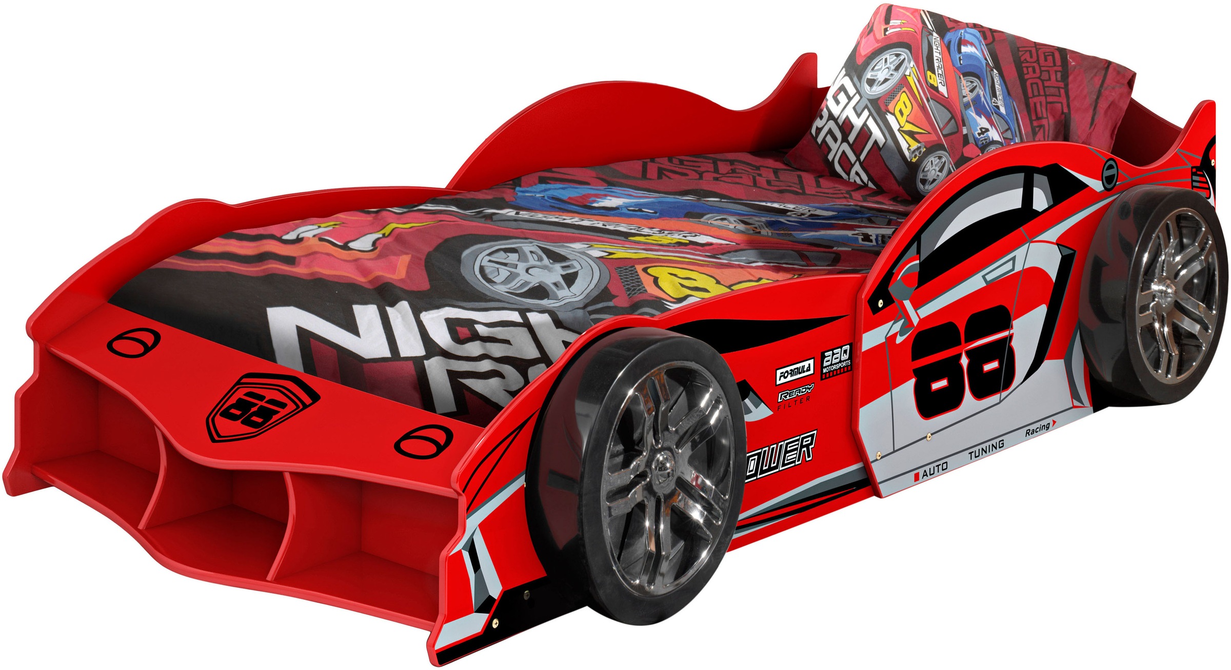 Vipack Autobett 'Max 90/200 cm, im Rennwagen-Design, die Show im Kinderzimmer' B/H/T ca.: 229x58x114 cm mit Lattenrost und breiten Rädern, tolle Felgen-Optik, glänzend lackiert in 2 Farben erhältlich