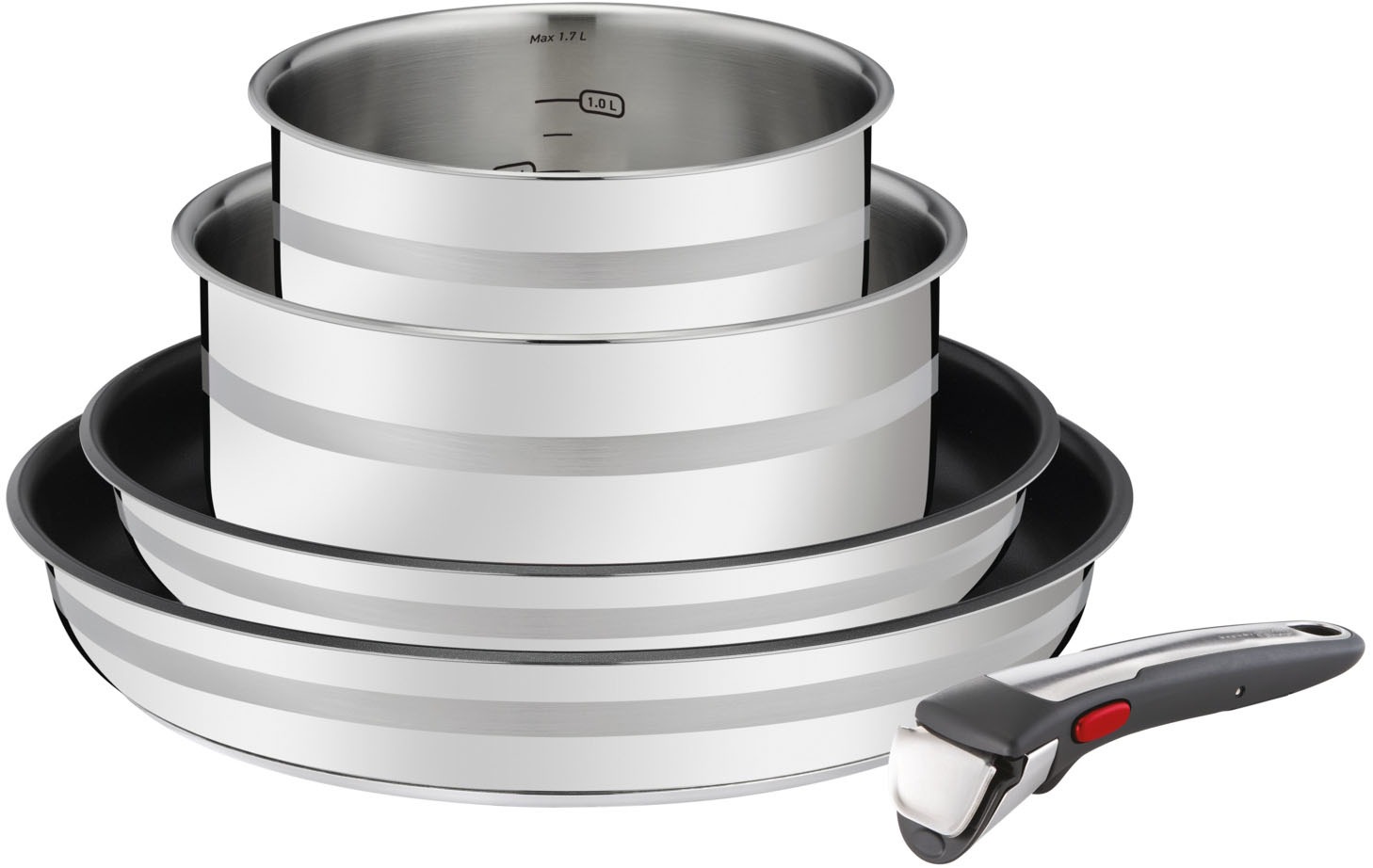 Tefal Pfannen-Set 'Jamie Oliver Ingenio G6, Topf und Pfannenset abnehmbarer Griff' Edelstahl Set, 2x Pfannen Ø 24/28 cm, 2x Kasserollen Ø 16/20 cm, 1x abnehmbarer Griff, 5 Stk. tlg. stapelbar, platzsparend, einfache Reinigung, Induktion, L97696