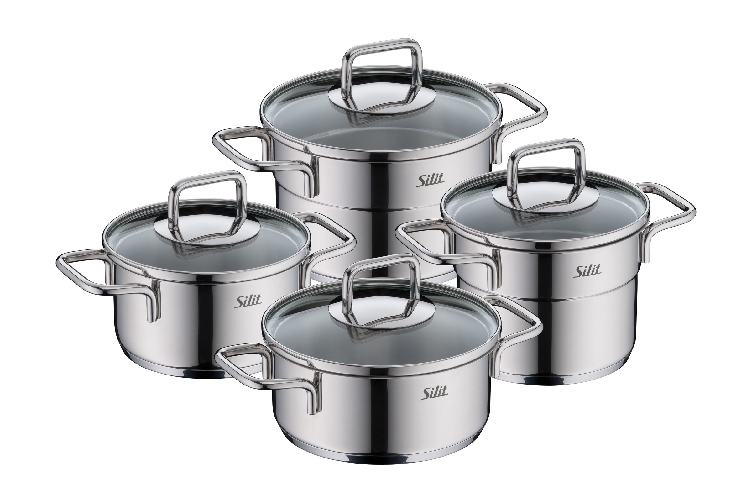 Silit Topf-Set 'Extra Cook Induktion, Kochgeschirr-Set mit Glasdeckel, Innenskalierung' Edelstahl 18/10 Set, 4-teiliges Mini-Topf-Set, 8 Stk. tlg. SiliTherm Universalboden, breiter Schüttrand, spülmaschinengeeignet