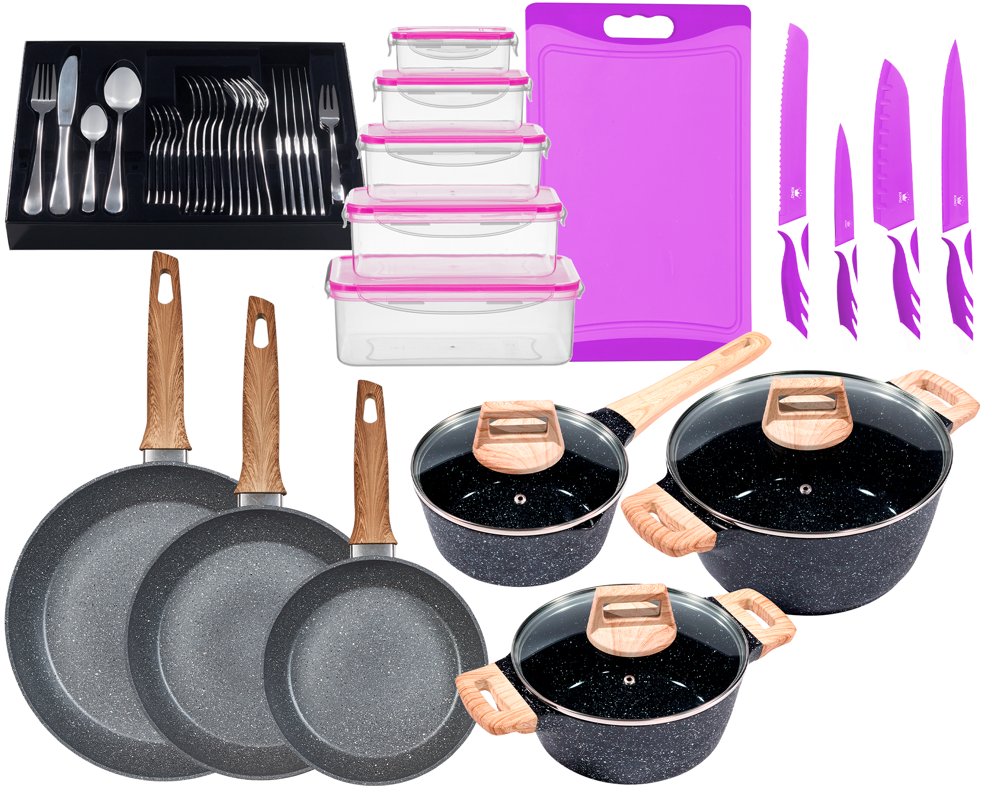 KING Topf-Set ''ESSENTIAL' Aluminium, Induktion, Antihaftbeschichtung' Aluminiumguss Set, 2 Töpfe, 1 Stieltopf, 3 Glasdeckel, 1 Besteck-Set + Etui, 55 Stk. tlg. 3 Pfannen, 4 Küchenmesser, 1 Schneidebrett, 5 Vorratsdosen mit Deckel