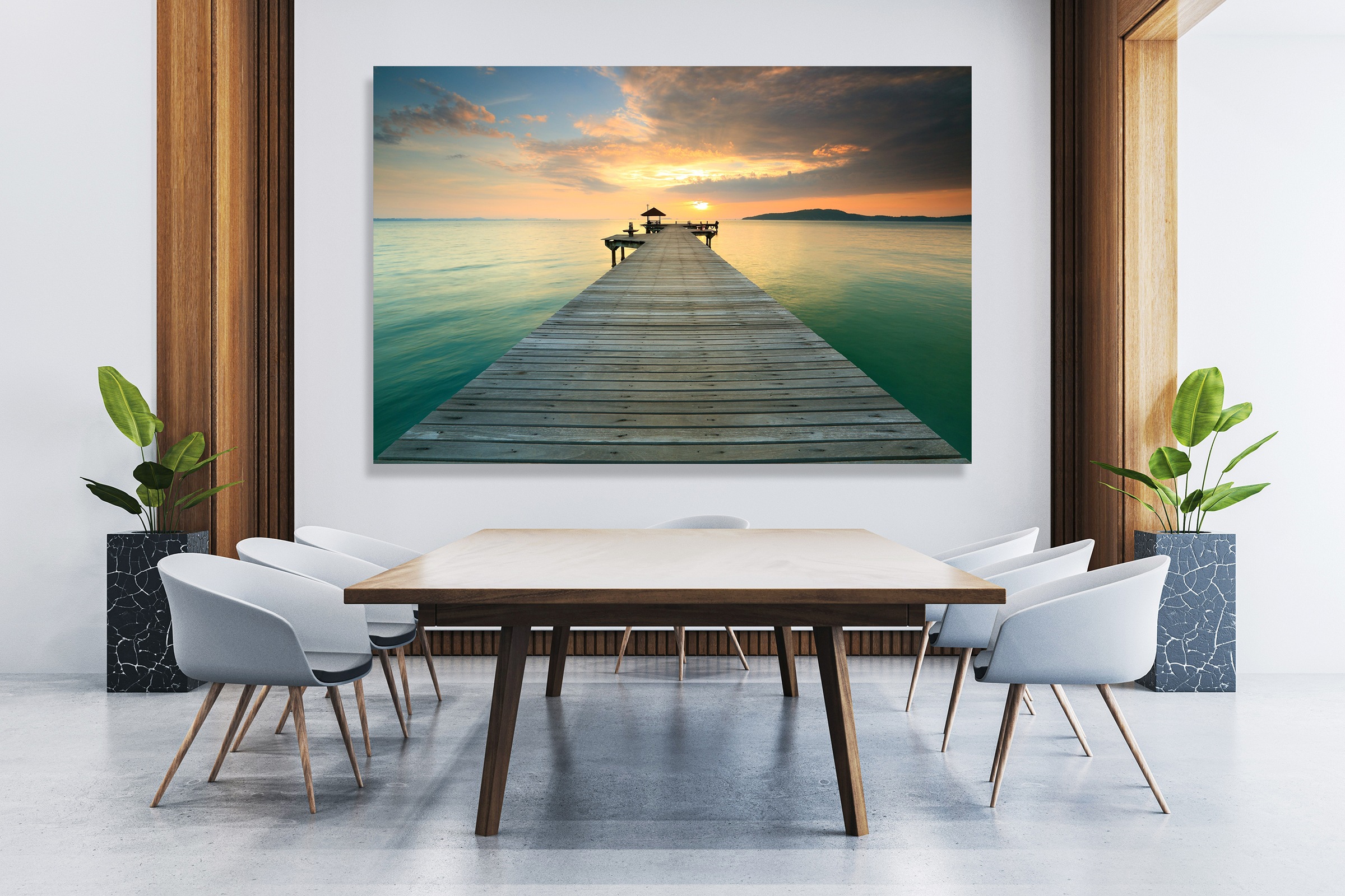 queence XXL-Wandbild 'Akustikbild Steg Bali Sonnenuntergang' Bilder vom Sonnenuntergang & -aufgang Bilder von Asien Gewässer Meer Natur Steg Wolken 1 Stk. tlg. Einfache Akustiklösung ohne Baumaßnahme, Schalldämmung, Paneele