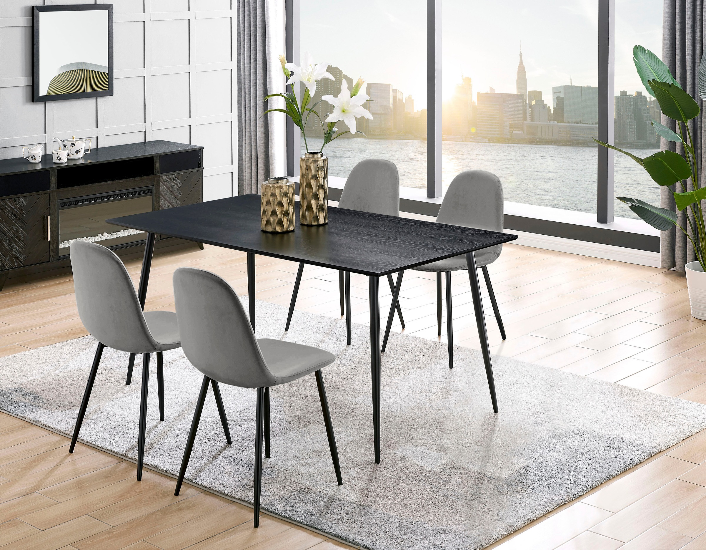 Leonique Essgruppe 'Eadwine, TOPSELLER Tisch plus 4 Stühle, Sitzgruppe' Set, Esstisch plus 4 Esszimmerstühle, 5 Stk. tlg. bestehend aus Esstisch 160 cm und 4 Esszimmerstühlen, Polsterstühlen