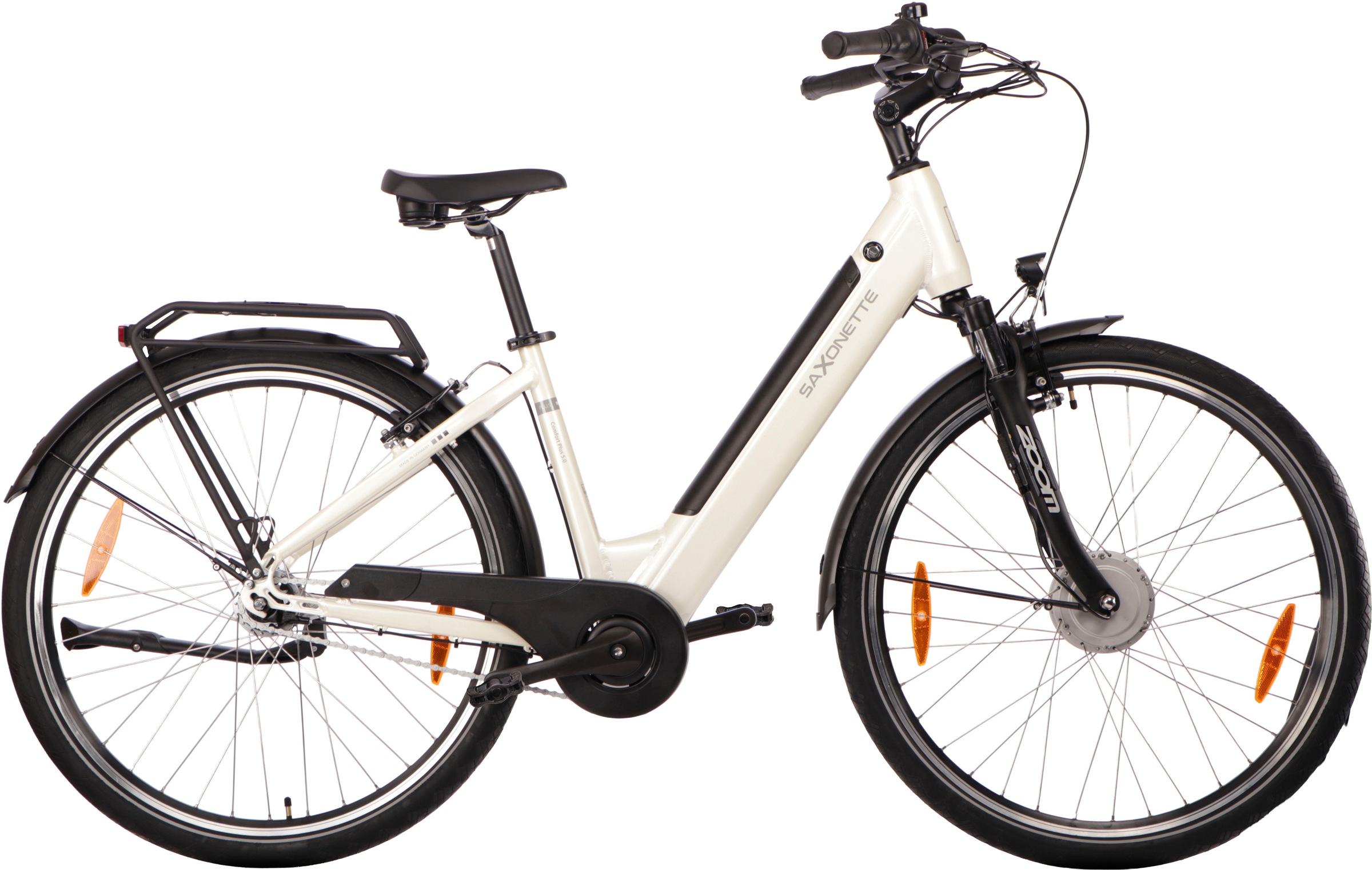 SAXONETTE 'SAXONETTE Comfort Plus 5.0 E-Bike Damen 28 Zoll' 7 Gang Shimano Nexus 7 Gänge Schaltwerk Nabenschaltung Frontmotor 250 W Packung, (mit integr. Akku), Elektrofahrrad für Alltag und Einkauf