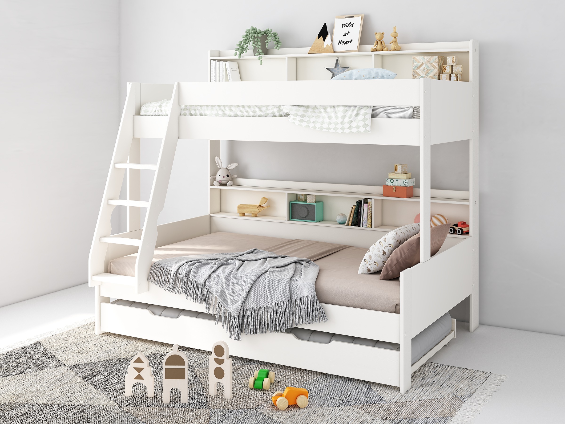 OTTO home Etagenbett 'Jaime II, Stockbett, viel Stauraum, mit Regalen, Massivholz mit MDF' Oberes Bett 90x200cm, unteres Bett 120x200cm, breite Liegefläche unten, FSC, Made EU, 3. Schlafgelegenheit optional