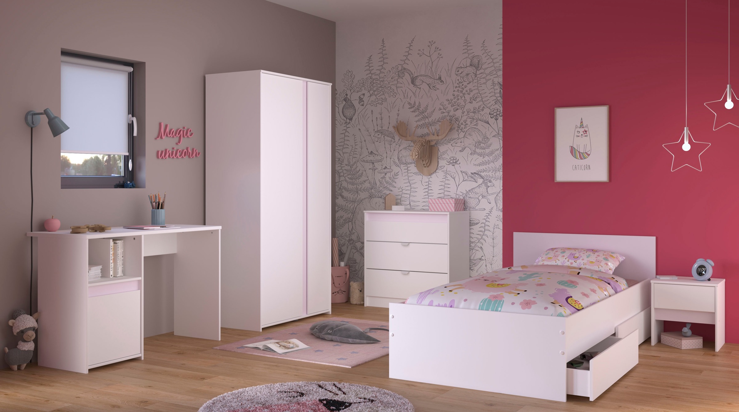 Parisot Jugendzimmer-Set 'Pirouette, farbige Einsätze drehbar- Rosa oder Grau' Set, Schreibtisch, Bett, Schubkasten, Kleiderschrank, Kommode, Nachttisch, 6 Stk. tlg. komplettes Jugendzimmer, für alle Zielgruppen
