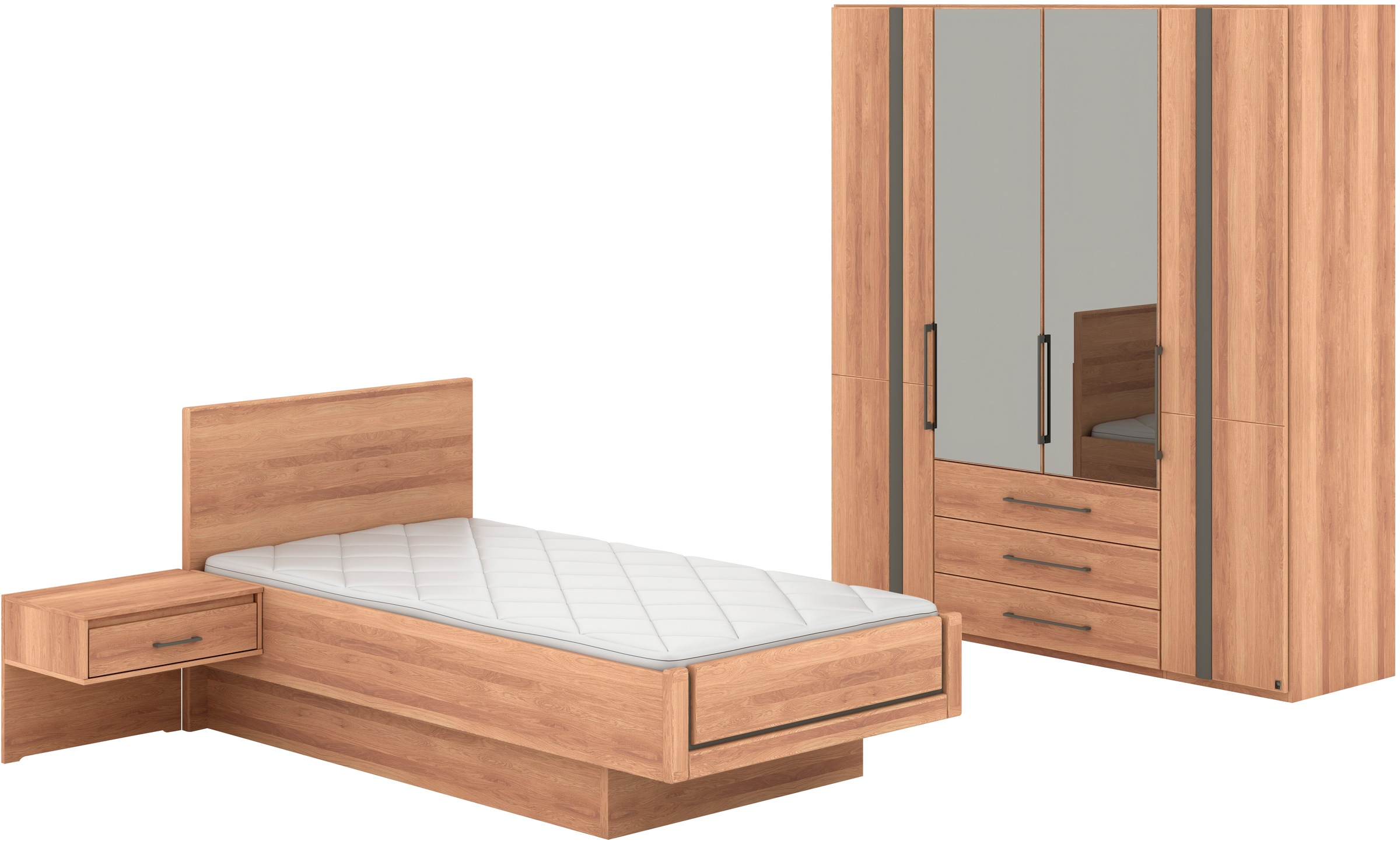 Musterring Schlafzimmer-Set 'Sorrent, Kleiderschrank, Bett & Nachtkommoden, teilmassiv Eiche' 2er-Set Nachtschränke, Drehtürenschrank 200 cm, Bett 100x200 cm, Schrank mit Türen und Schubkästen, Bett schwebende Optik, teilmassiv