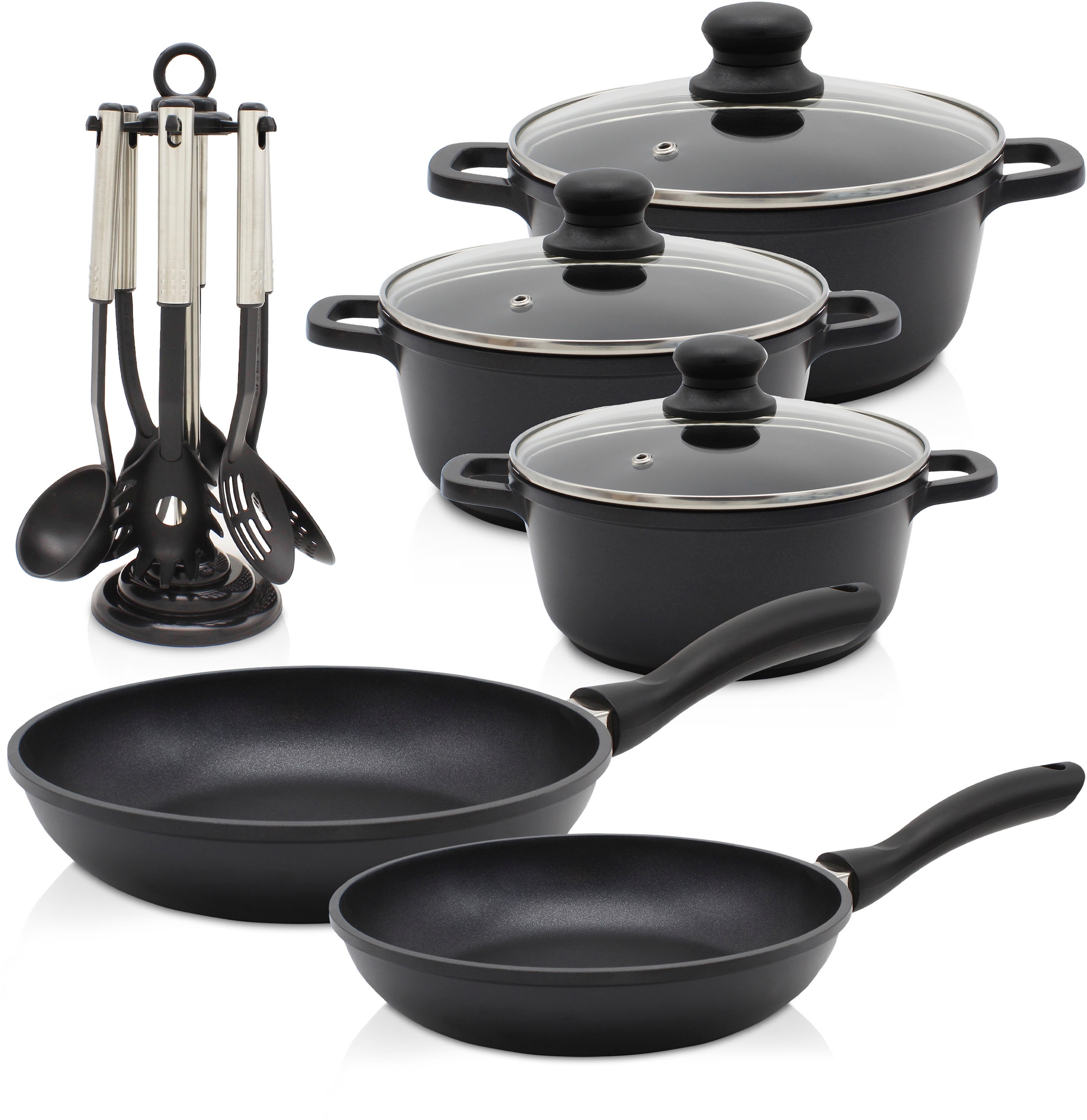 Krüger Topf-Set 'Aluguss Topf-/ Pfannenset LEIPZIG inkl. Küchenhelfern, 15 tlg.' Aluminiumguss Set, Fleischtopf 16+20+24 cm, Pfanne flach 20+28 cm, 7 tlg. Küchenhelferset, 15 Stk. tlg. inkl. 7-tlg. Küchenhelfer-Set