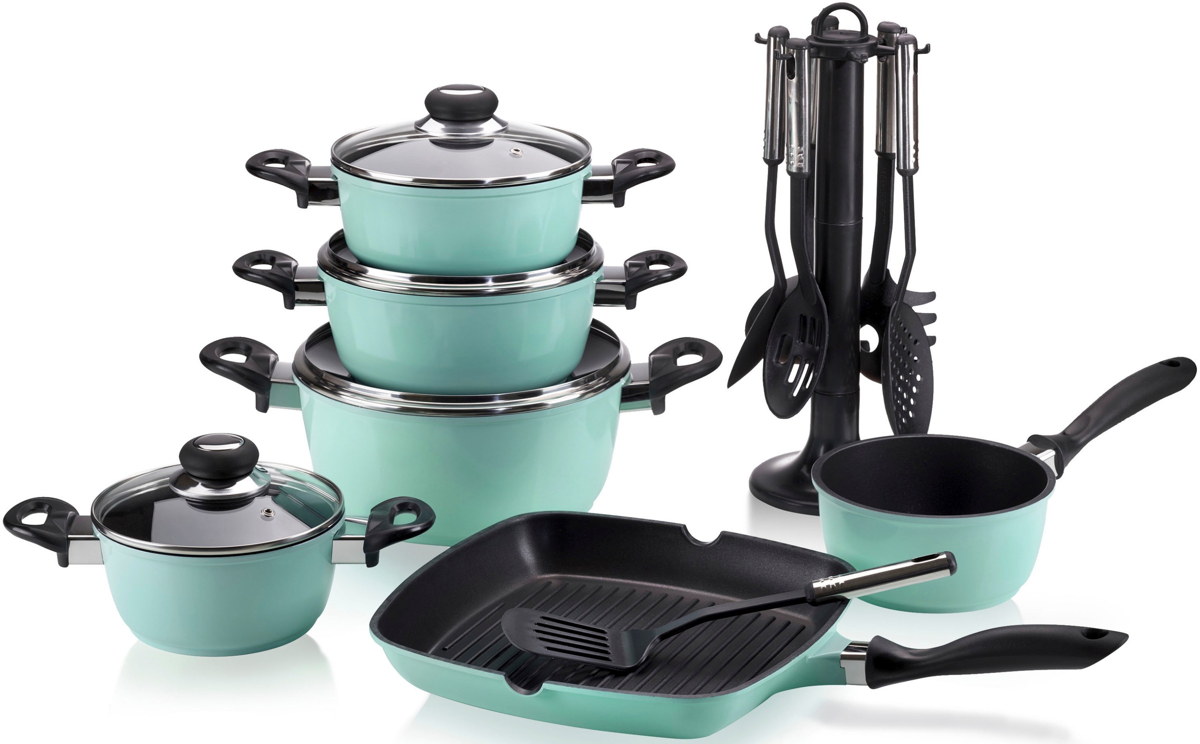 Krüger Topf-Set 'Aluguss Topf- und Pfannenset inkl. praktischen Küchenhelfern, 17 tlg.' Aluminiumguss Set, Fleischtopf 16/18/20/24cm, Stieltopf 16cm Steakpfanne 7 T.Küchenhelfer, 17 Stk. tlg. inkl. 7-tlg. Küchenhelfer-Set