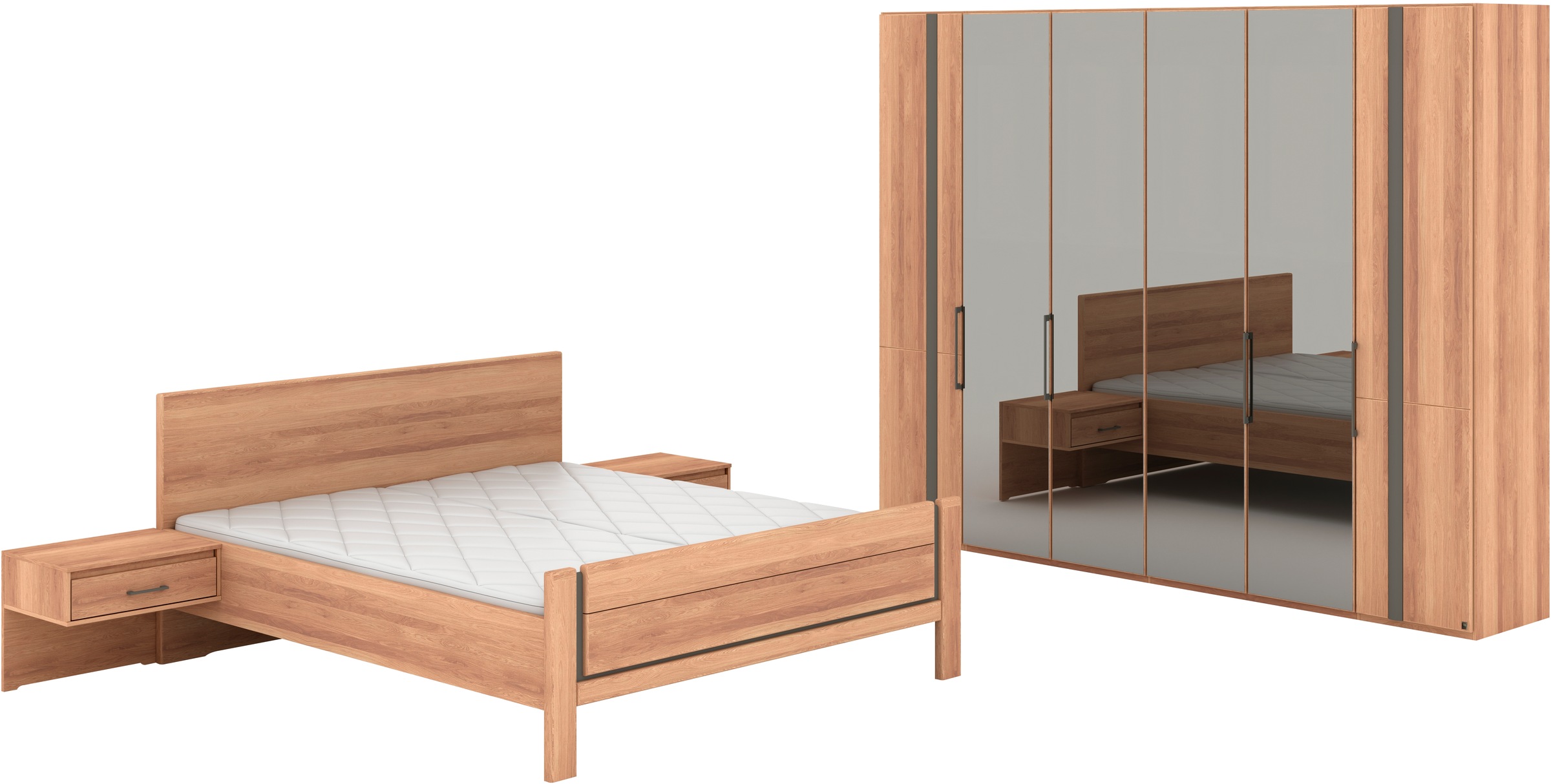 Musterring Schlafzimmer-Set 'Sorrent, Kleiderschrank, Bett & Nachtkommoden, teilmassiv Eiche' 2er-Set Nachtschränke, Drehtürenschrank 300 cm, Bett 180x200 cm, Bett mit Stollenfuß, Eiche teilmassiv, Spiegeltüren in Parsol-Bronze