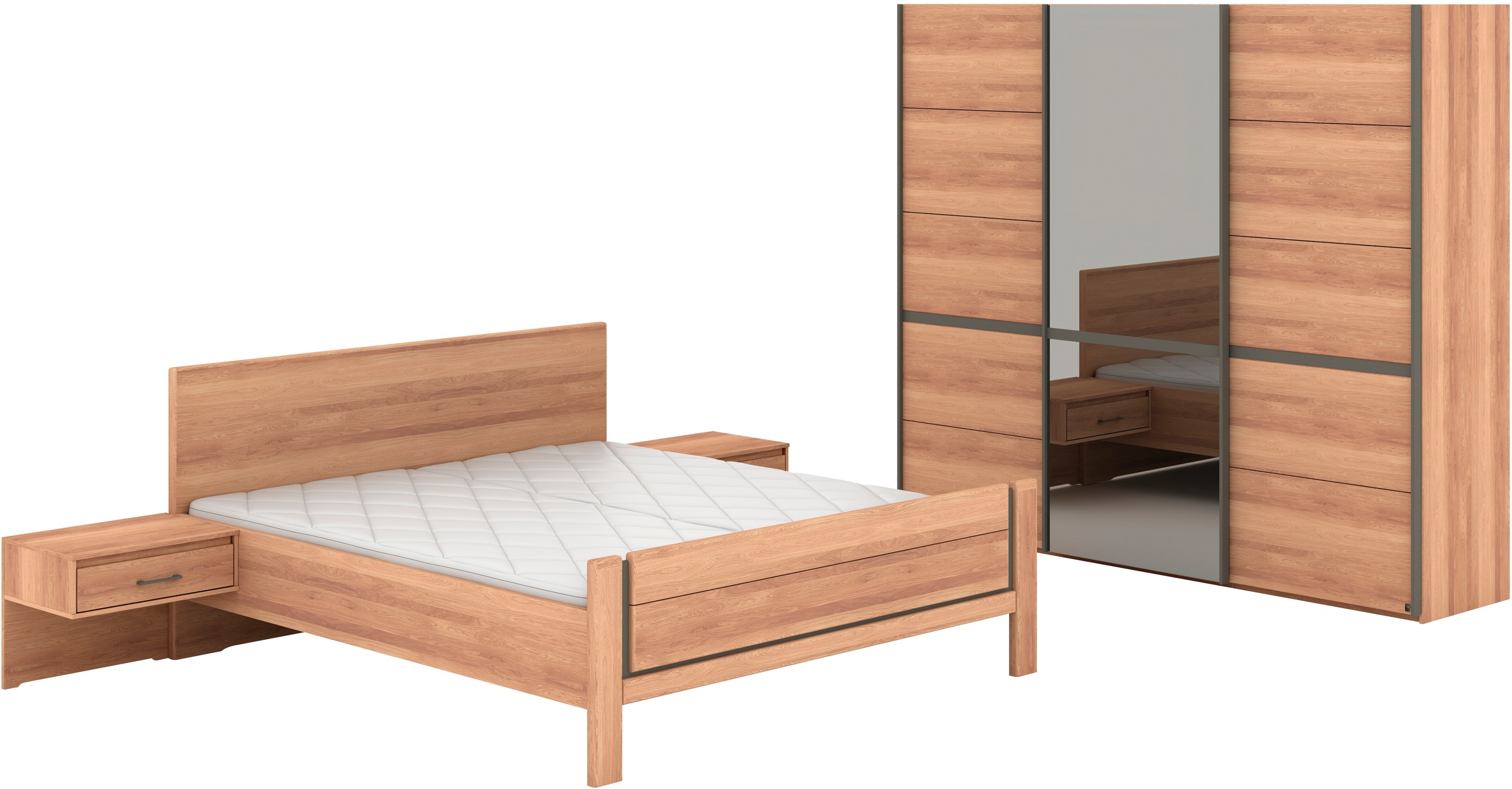 Musterring Schlafzimmer-Set 'Sorrent, Kleiderschrank, Bett & Nachtkommoden, teilmassiv Eiche' 2er-Set Nachtschränke, Schwebetürenschrank 250 cm, Bett 180x200 cm, mit Schwebetürenschrank, Bett mit Stollenfuß, Breite Schrank 250 cm