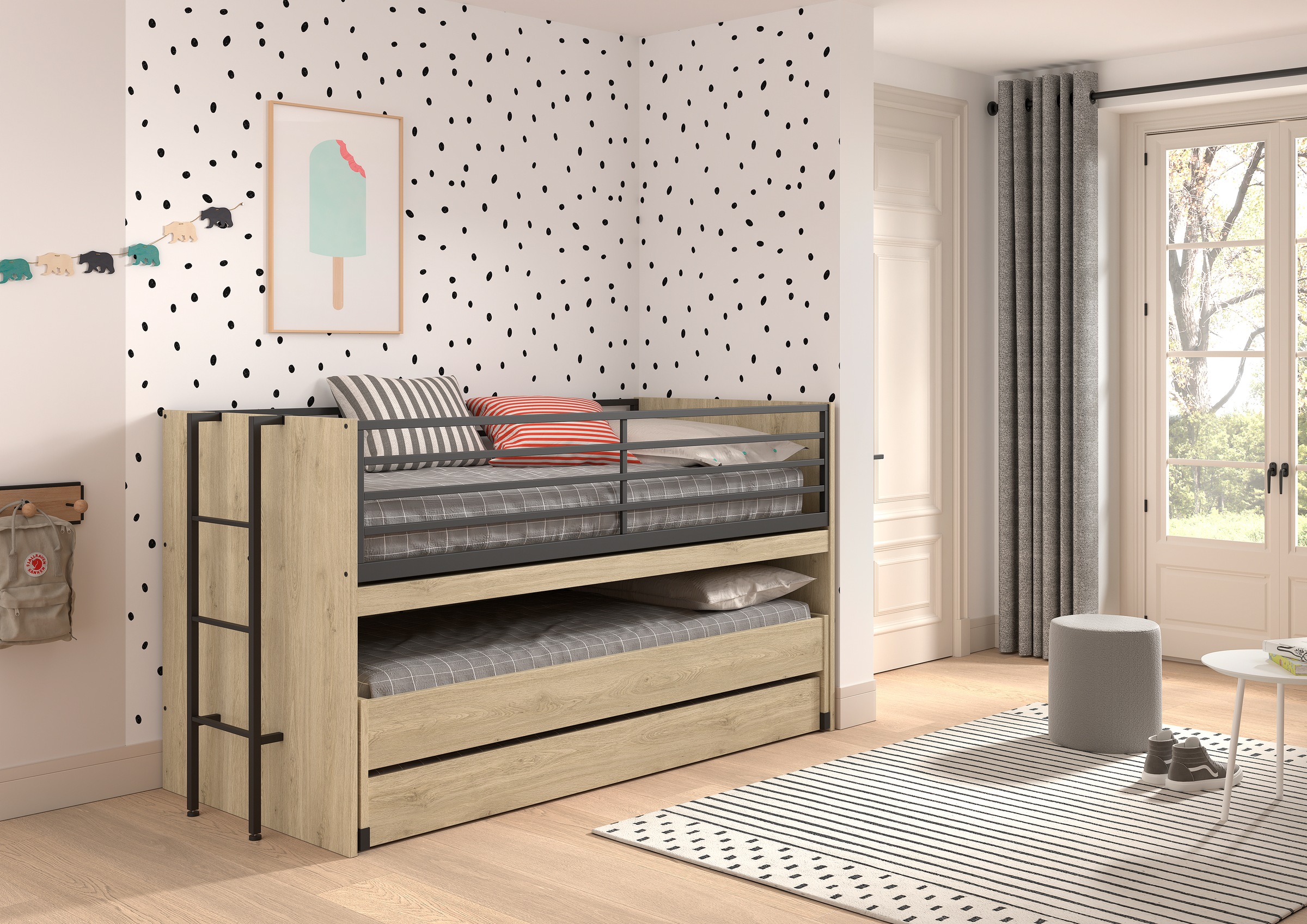 Home affaire Etagenbett 'praktisches Etagenbett mit viel Funktion, 2 Dekore zur Wahl' B/H/T ca. 219x114x98cm, Metall Leiter und Absturzschutz in schwarz, für kleine Räume, 2 Liegefl., Bettschublade, inkl. Schreibtisch