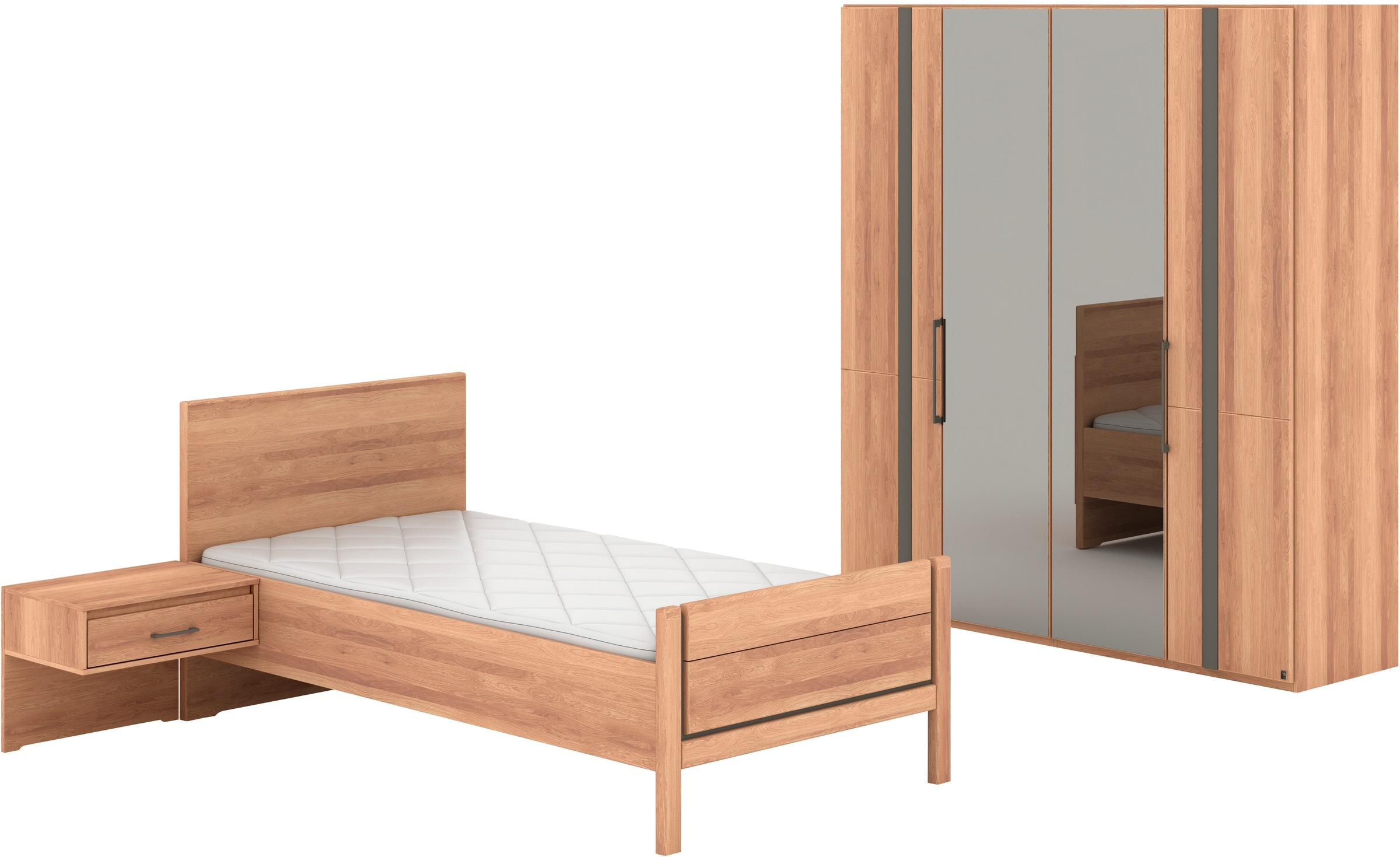Musterring Schlafzimmer-Set 'Sorrent, Kleiderschrank, Bett & Nachtkommoden, teilmassiv Eiche' 2er-Set Nachtschränke, Drehtürenschrank 200 cm, Bett 100x200 cm, mit Dreh- und Falttüren, Schrankbreite 200cm, Bett mit Stollfuß