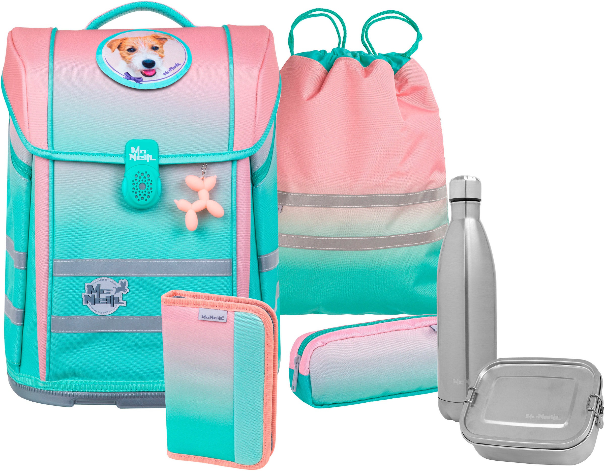 McNeill Schulranzen 'Perfecto, Gradient Strawberry' reflektierende Streifen auf den Schultergurten;retroreflektierende Flächen inkl. Federmäppchen, Turnbeutel, Schlamperrolle & Motivmagnet