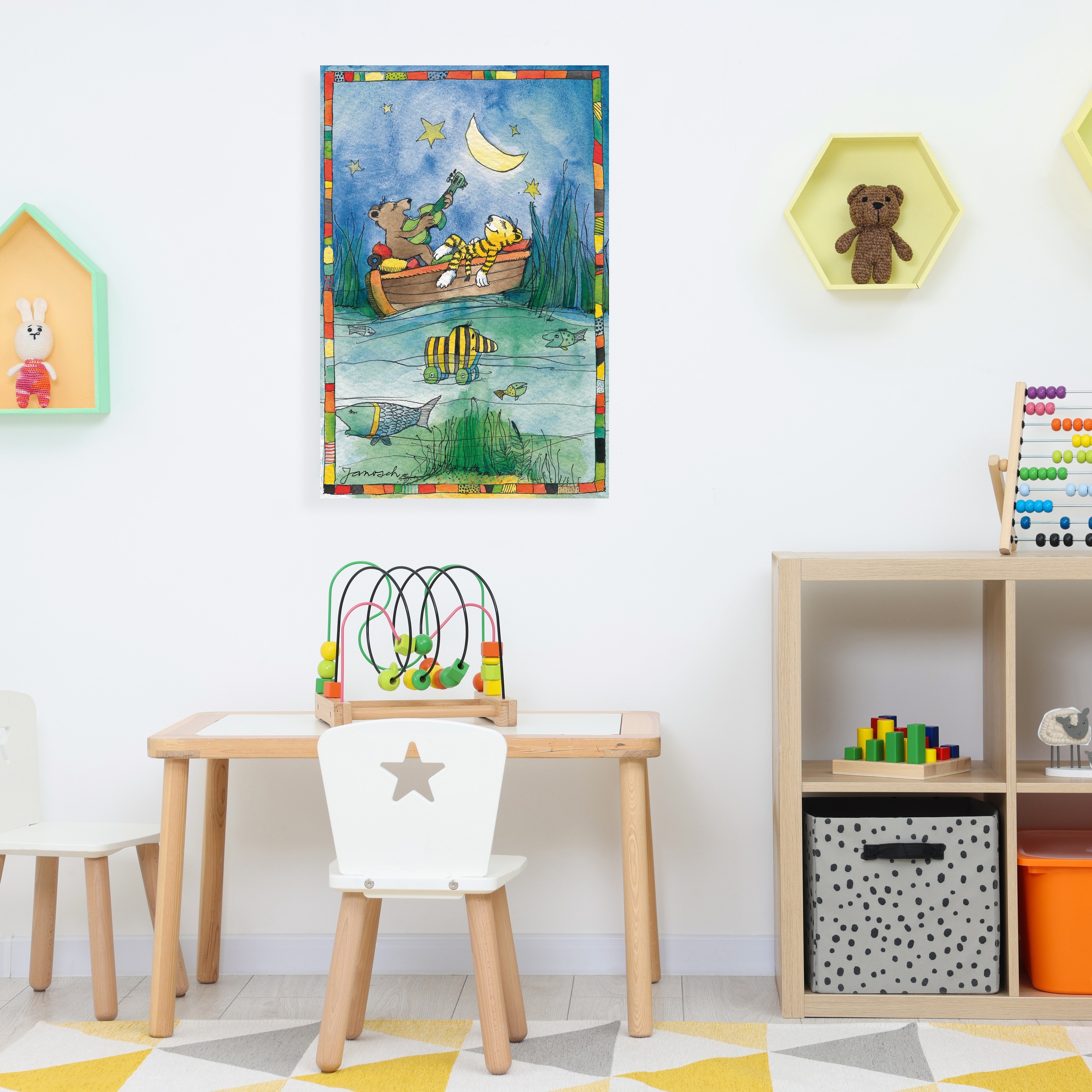 LuckyLinde Leinwandbild 'Der kleine Tiger und der kleine Bär im Boot' Bär Bären Ente Enten Figuren Filmfiguren Natur Schiffe Teddy Tiere Tiger little star 1 Stk. tlg. Exklusive JANOSCH Kindermotive