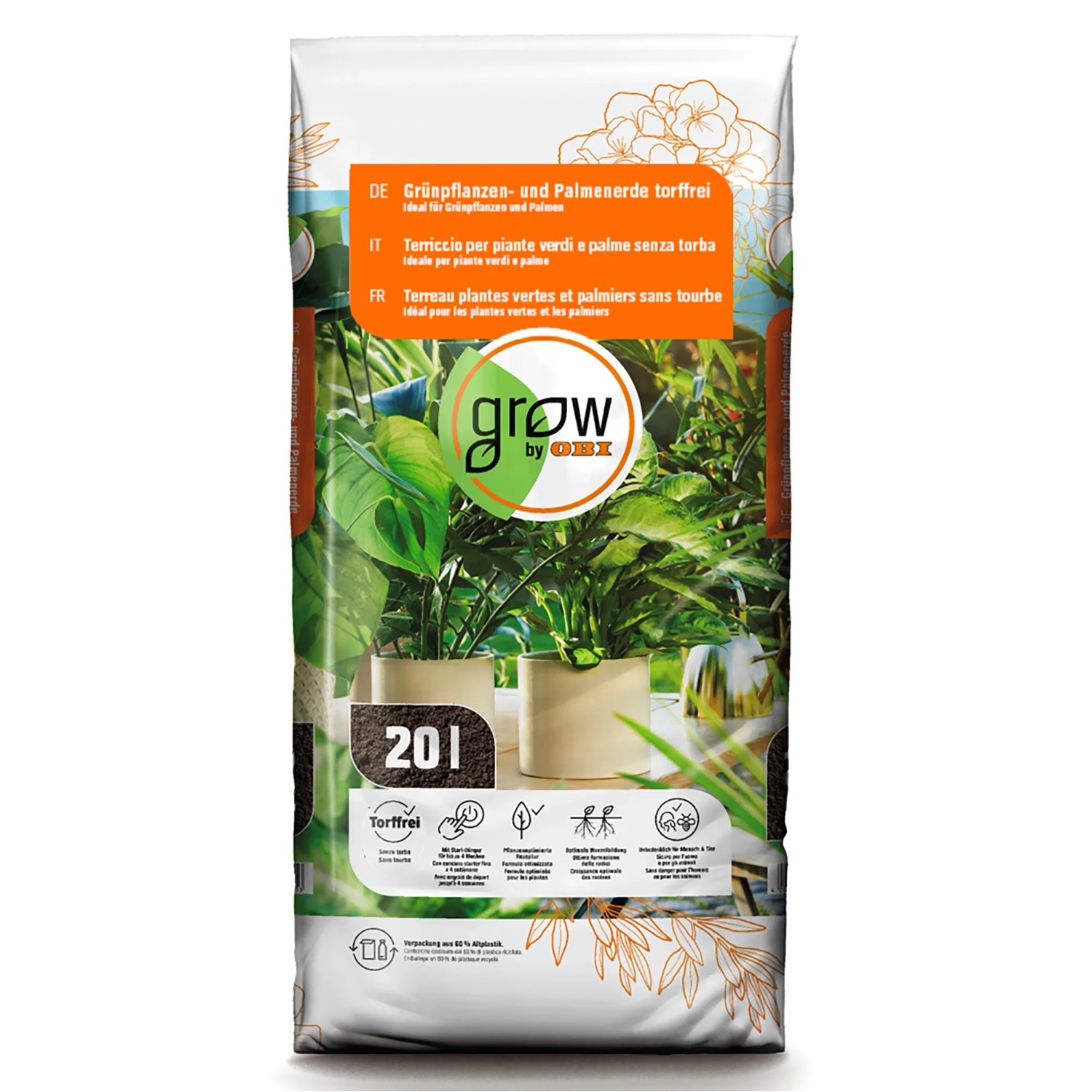 GROW by OBI Grünpflanzen- und Palmenerde Torffrei 20 l