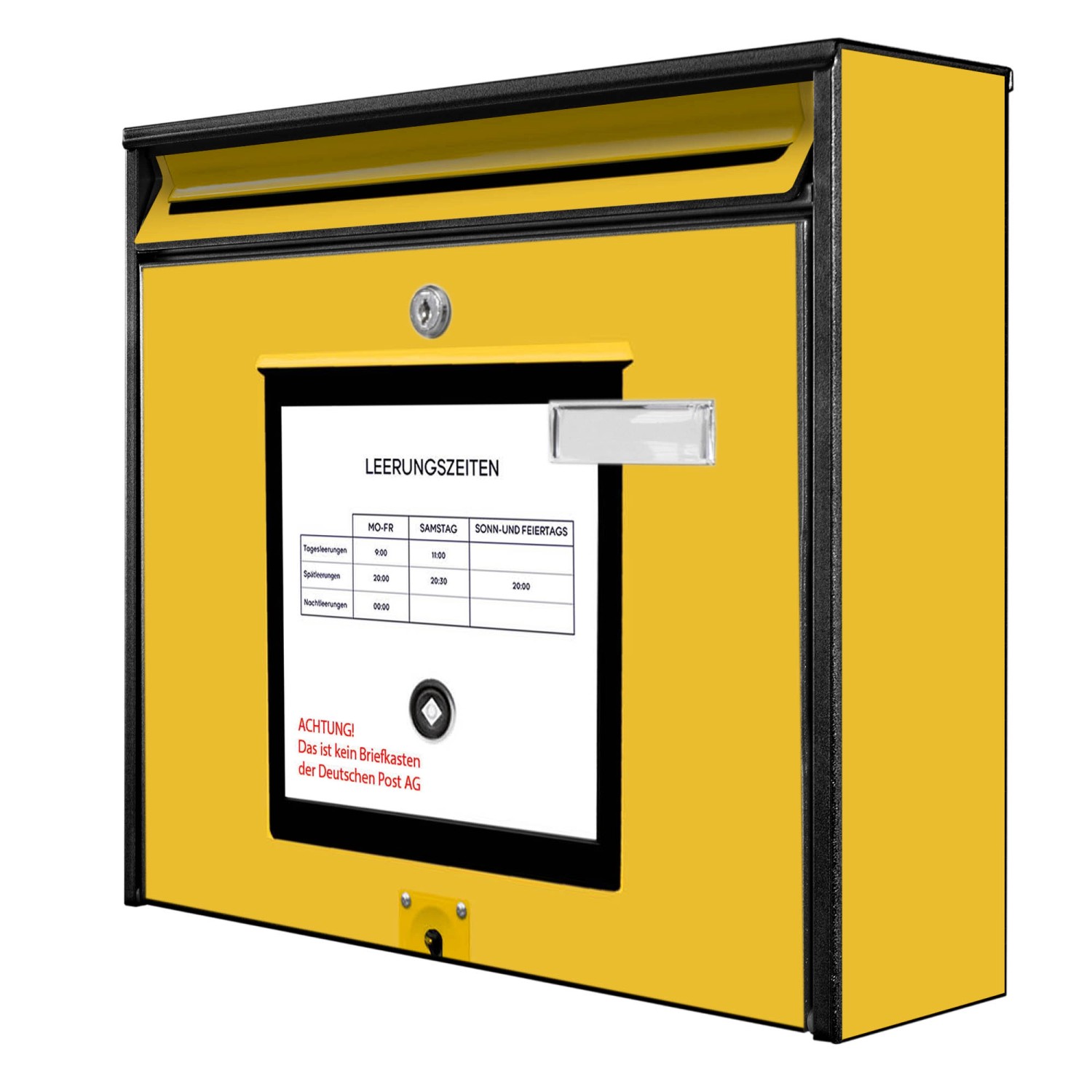 Banjado Briefkasten Schwarz 36.2x32.2x10cm Groß / Inkl. Montagematerial & 2 Schlüsseln / Mit Namensschild Motiv Briefkasten Gelb