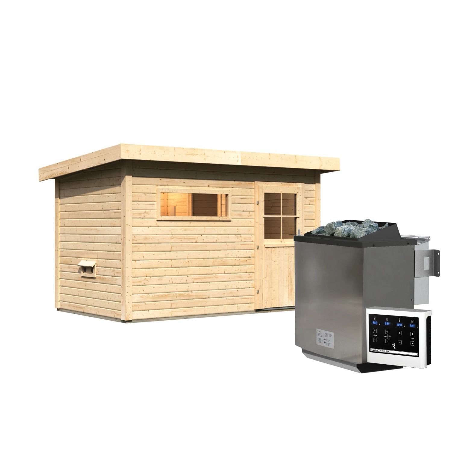 Chillroi Saunahaus Ondo 1 Premium SET Naturbelassen mit Bio Ofen 9kW Inklusive Kabel Dachfolie Fenster