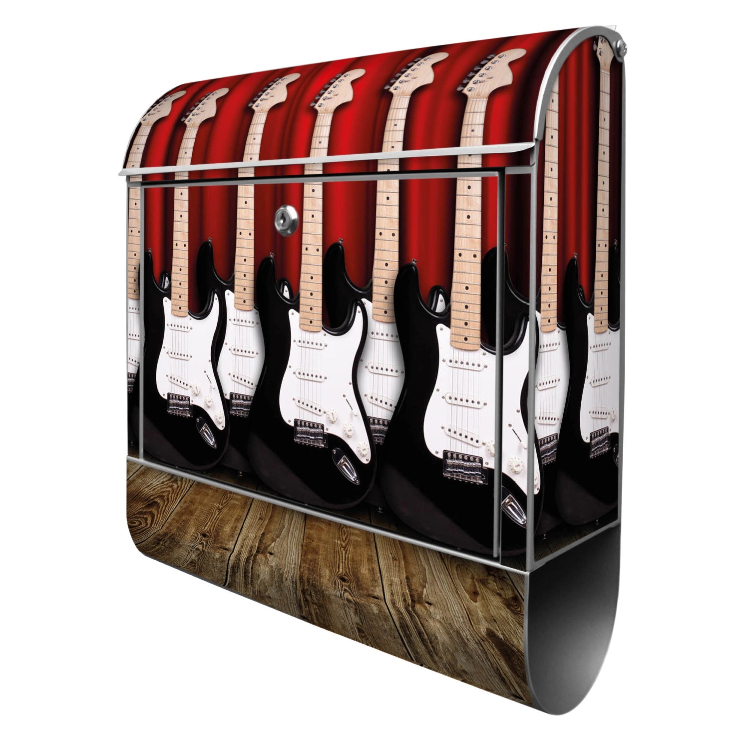 Banjado Design Briefkasten Silber Pulverbeschichtet 39x47x14cm 2 Schlüssel Mit Zeitungsfach Motiv E-Gitarren
