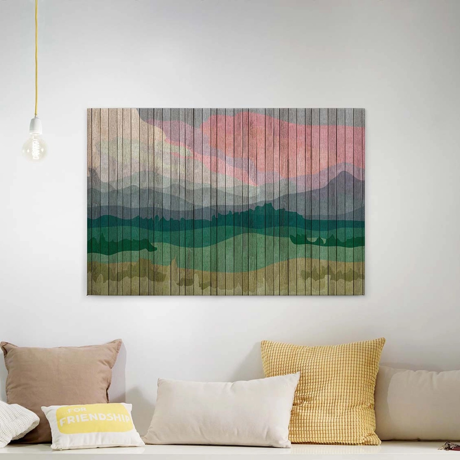 Bricoflor Grafisches Leinwand Bild Mit Berglandschaft Buntes Bild Auf Leinwand Mit Bergen In Holz Optik Canvas Leinwandbild Für Wohnzimmer