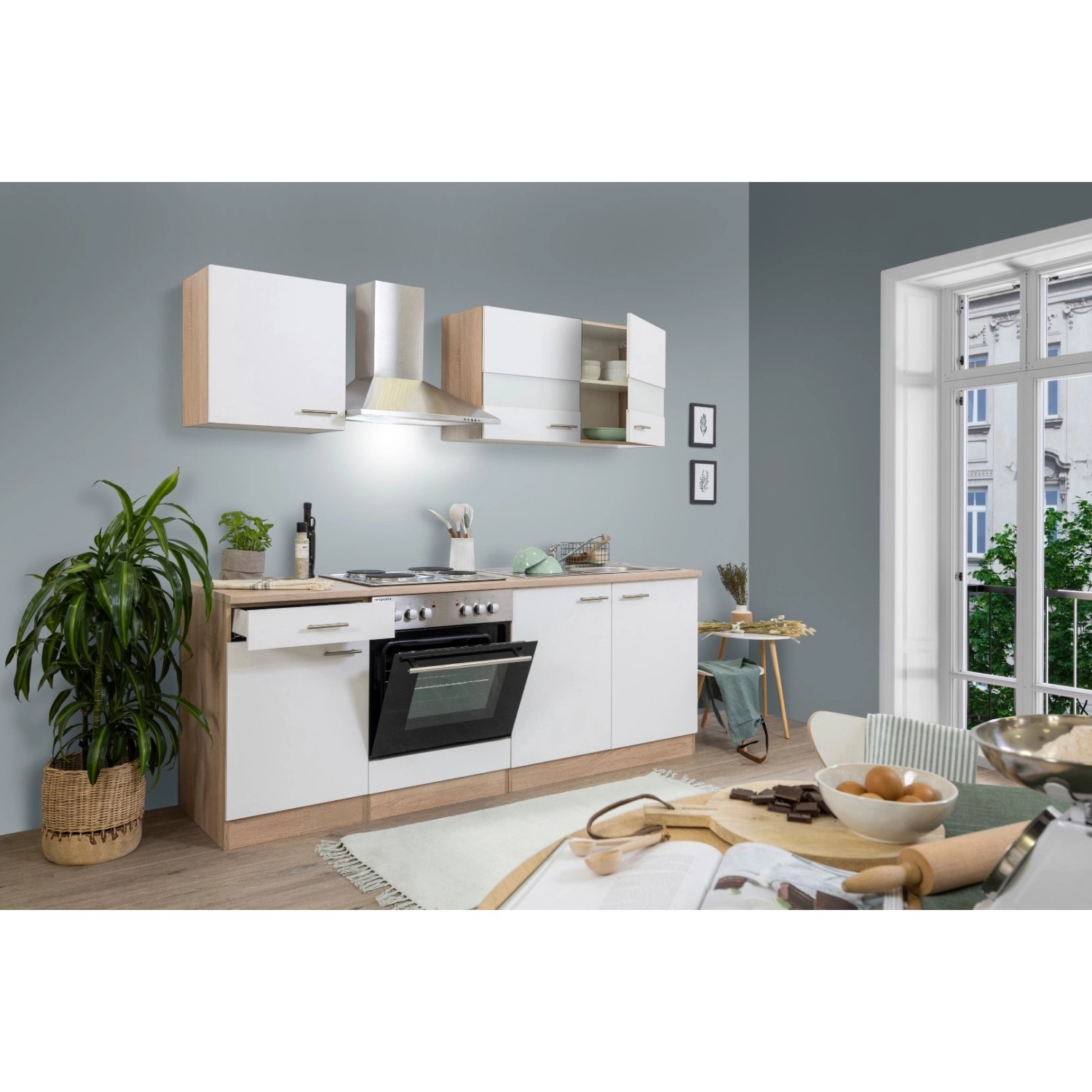 Respekta Küchenzeile KB210ESW 210 cm Weiß-Eiche Sägerau Nachbildung