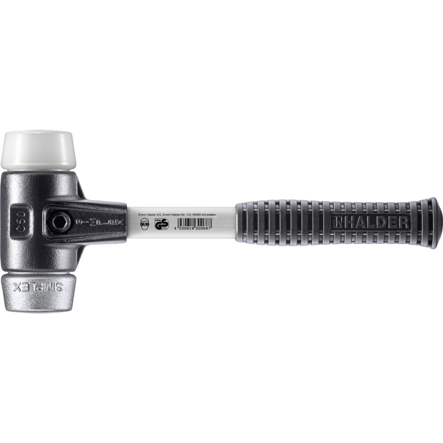 Halder Simplex Schonhammer Ø 50 mm Superplastik Weichmetall mit Verstärktem Tempergussgehäuse und FiberglasStiel