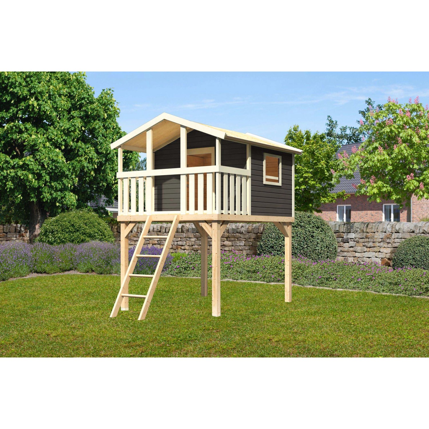 Karibu Stelzenhaus Benjamin mit Holzleiter Terragrau