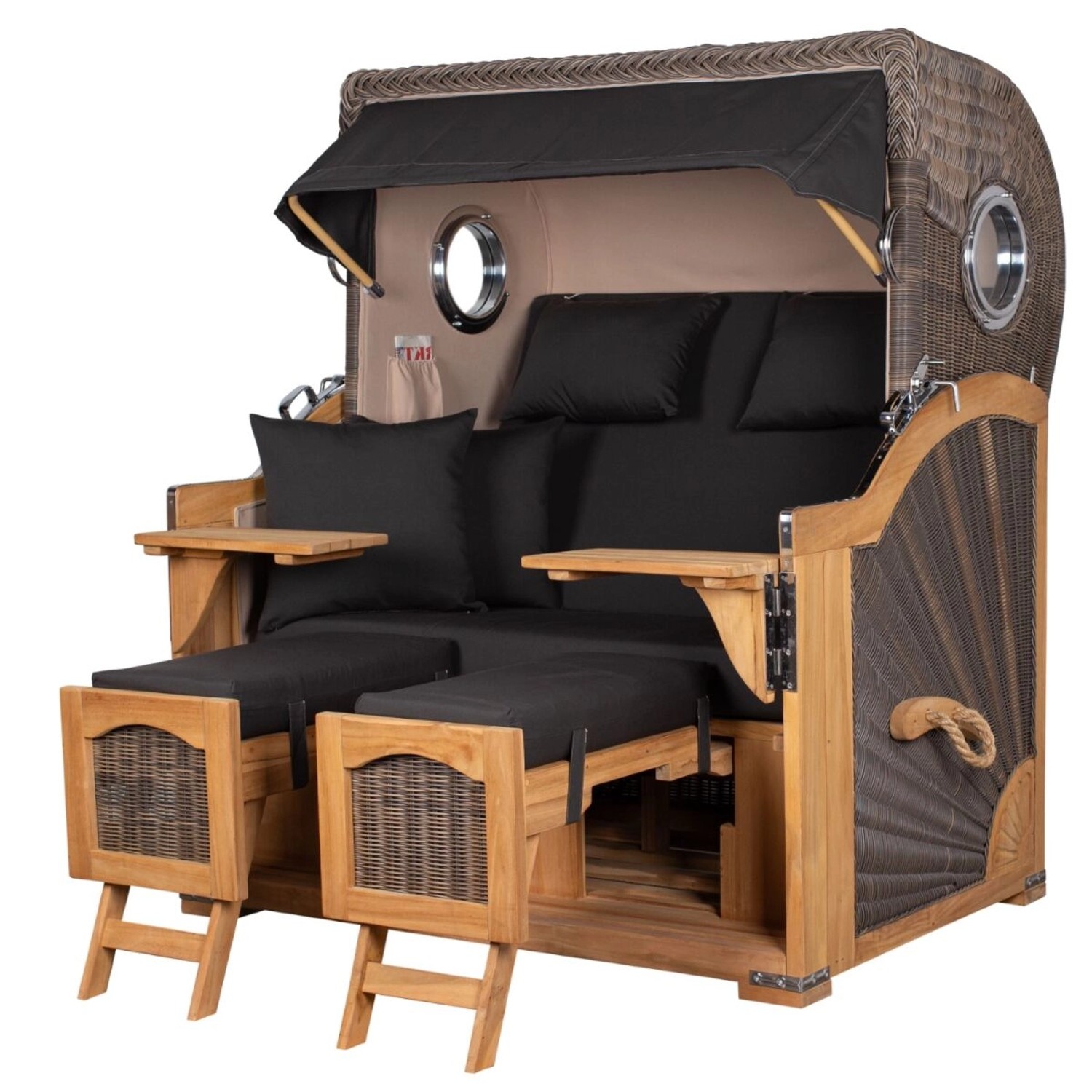 bene living Strandkorb Komplettset Ammersee Grande XL Teak Bullauge PE Grau Modell 548 Inkl Liftersystem Schutzhülle Doppelrollen Glasbecherhalter