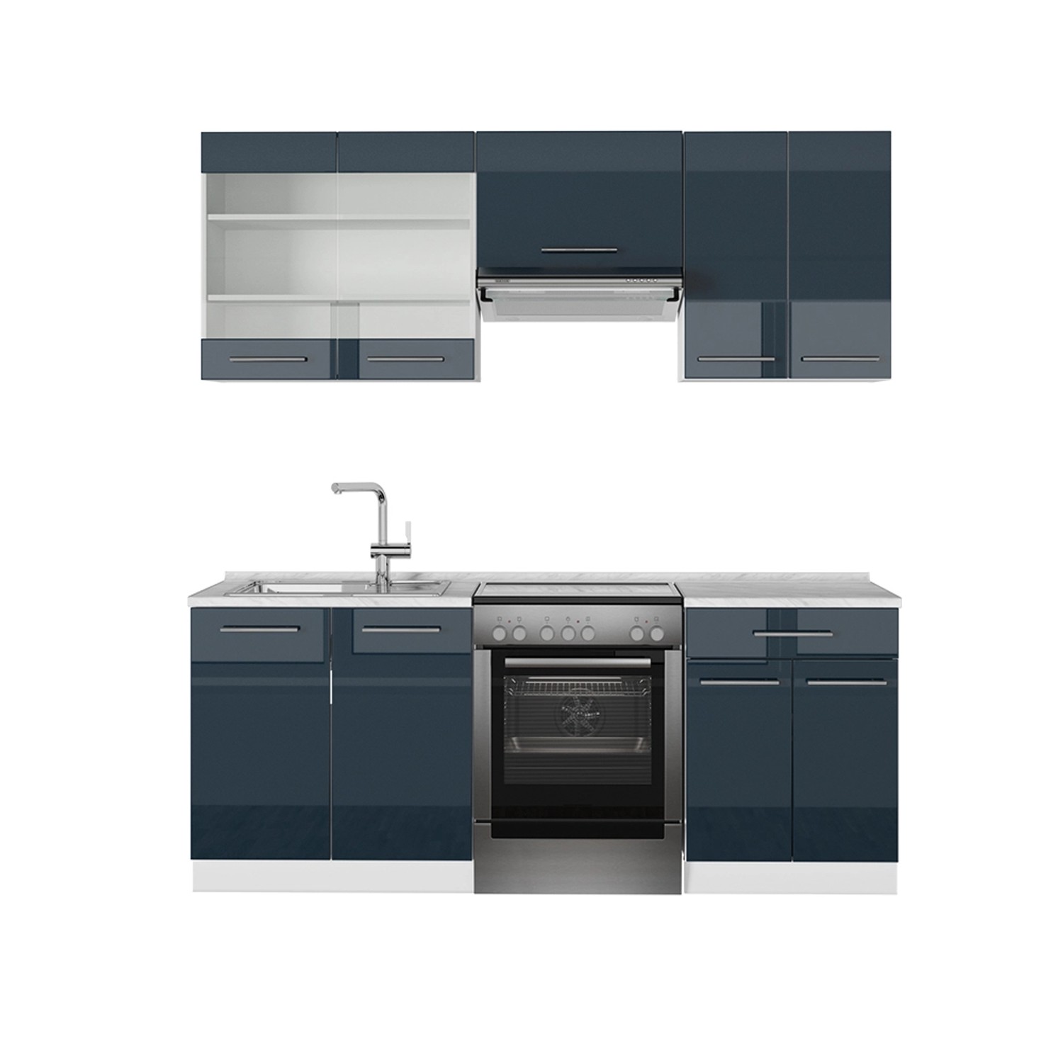 Vicco Fame-Line Küchenschränke Dunkelblau Hochglanz/Weiß 200 cm AP Marmor