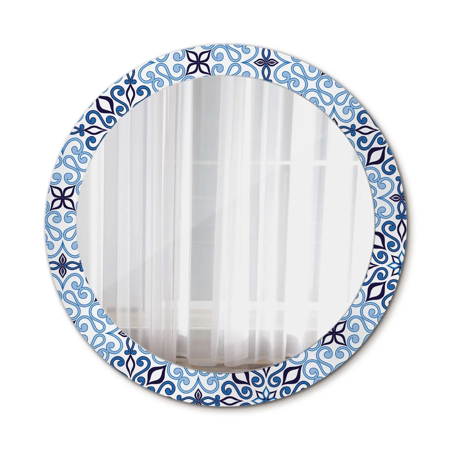 Tulup Spiegel mit Aufdruck Blaues arabisches Muster 90x90 cm Runder Spiegel mit Dekorativem Aufdruck Spiegel mit Zierrahmen Spiegel mit Ornamenten
