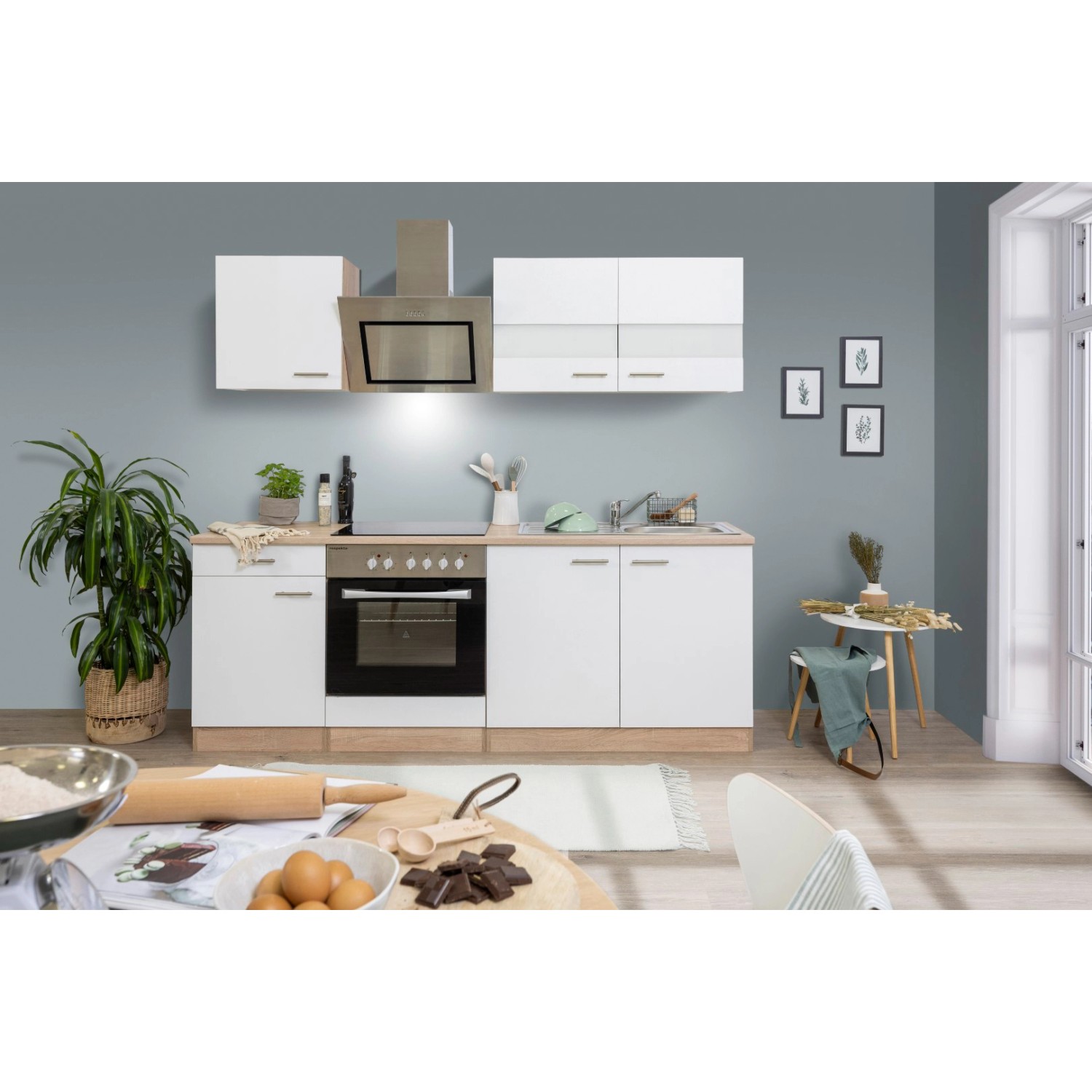 Respekta Economy Küchenzeile KB210ESWSC 210 cm Weiß-Eiche Sägerau Glänzend