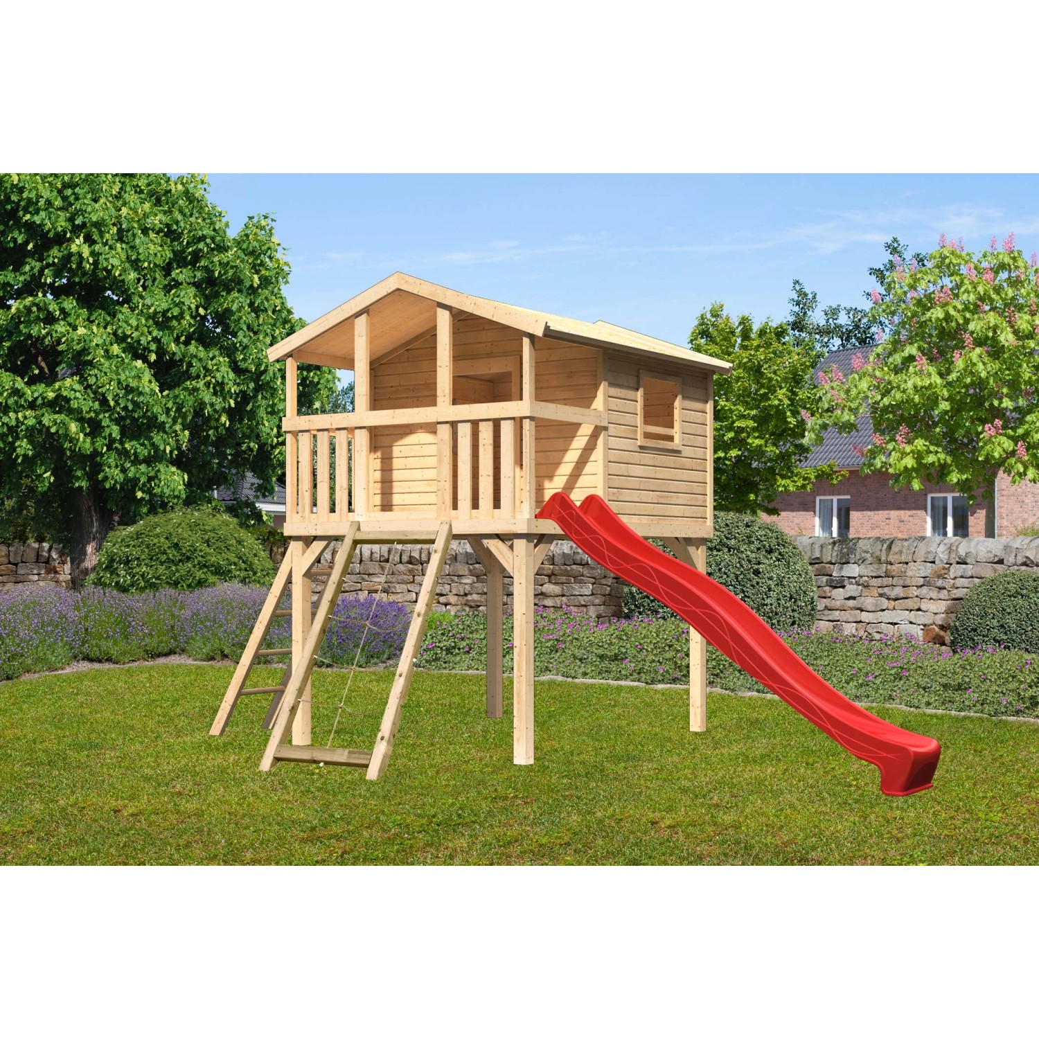 Karibu Stelzenhaus Benjamin Naturbelassen mit Leiter, Netzrampe & Rutsche Rot