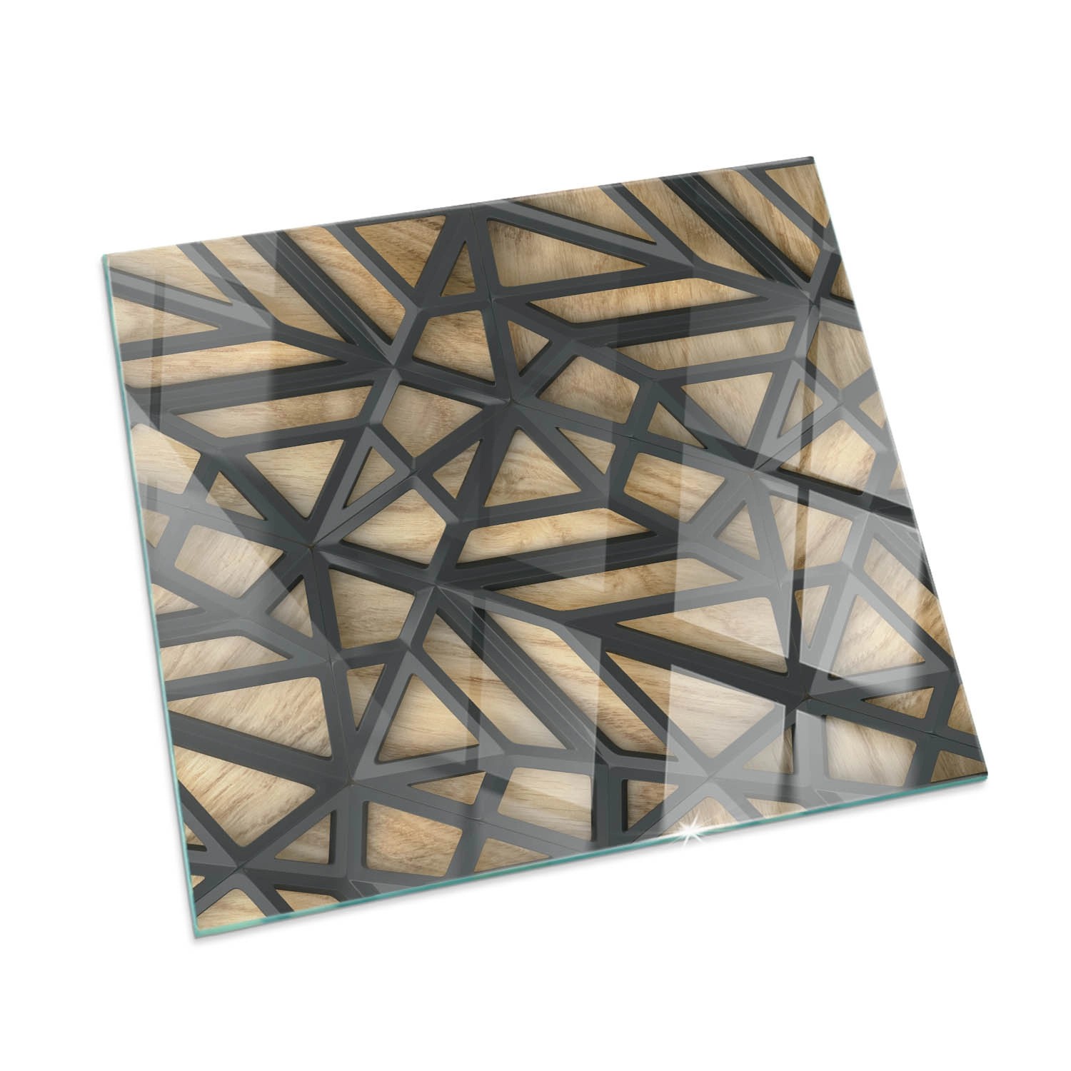 Tulup Glasplatte für Kamin Geometrie mit Holz Glas unter Kamin Quadrat 50x50 cm Braun Glasplatte für Kamin Glasplatte unter Kamin