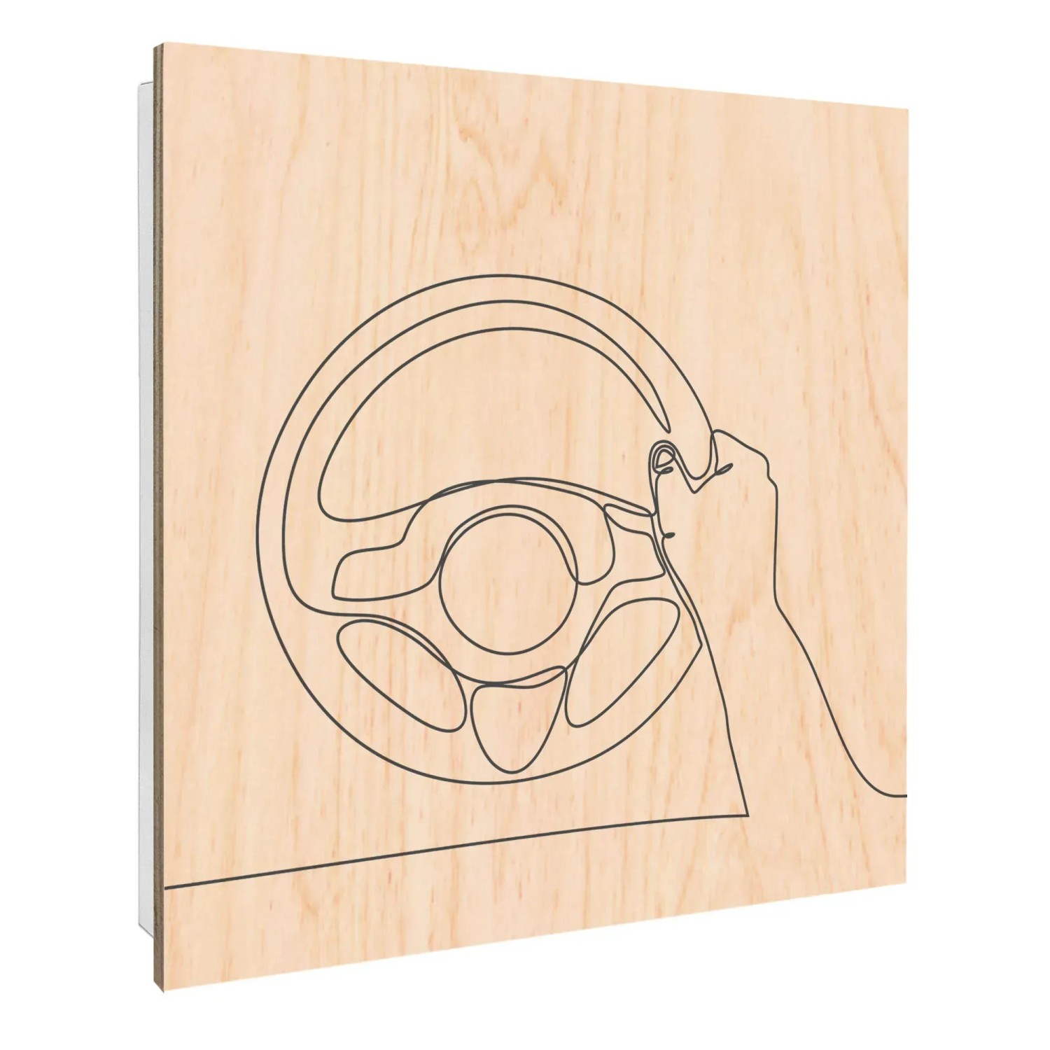 Banjado Großer Schlüsselbox Holz 30x30cm Weiß Scharnier Rechts 50 Haken Schlüsselkasten mit Holzfront Motiv Lineart Lenkrad