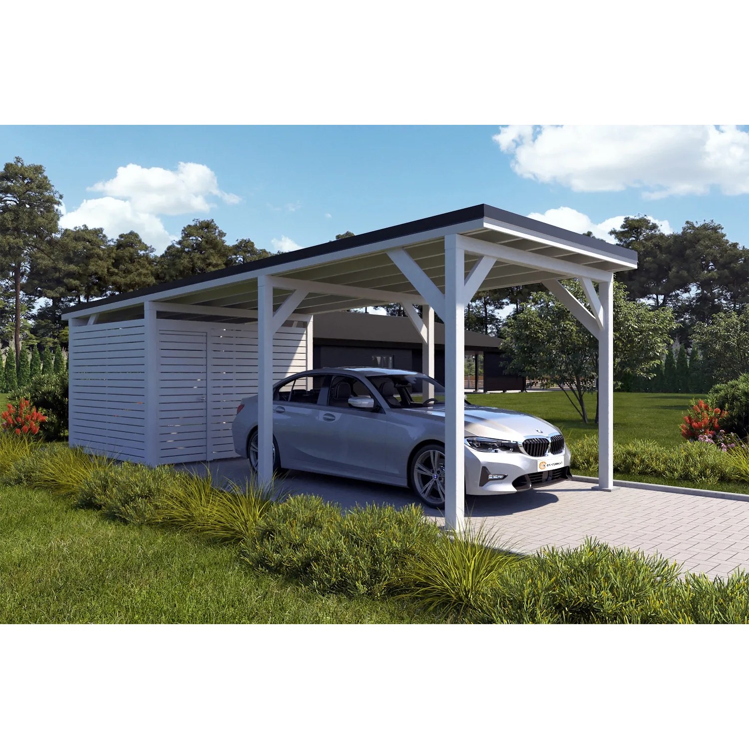 Holzbrüder Carport Ralf 26m² mit Geräteraum Reinweiß-Schwarz