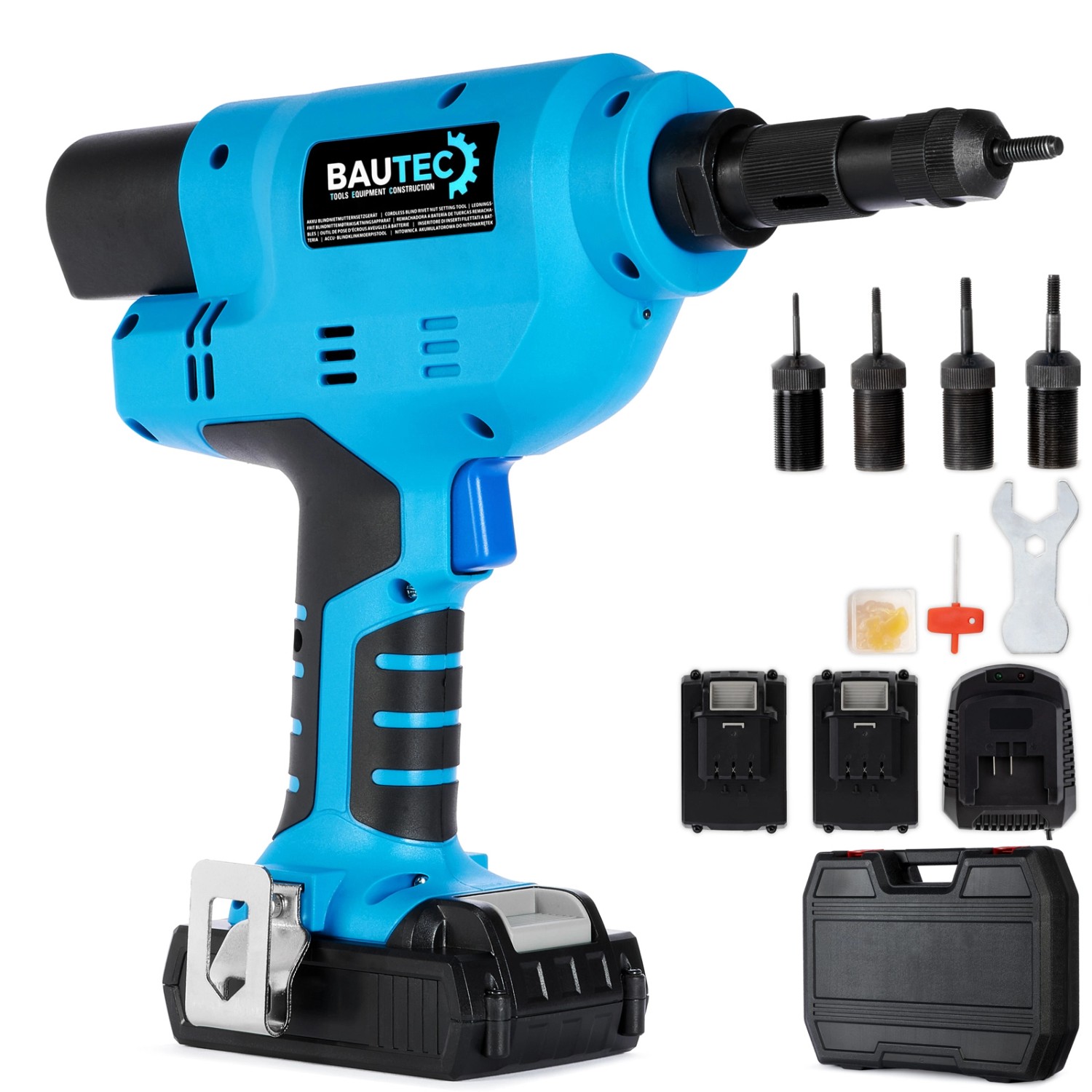 BAUTEC Akku-Blindnietmuttern-Setzgerät 20.000 N für M3 M4 M5 M6 Profi-Serie Kofferset mit 2 Li-Ion Akkus