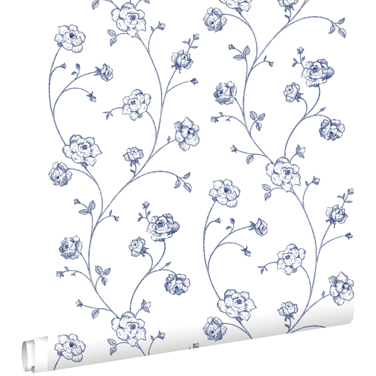 ESTAhome Tapete Toile De Jouy Rosen Weiß und Blau 0,53 x 10,05 m 139300