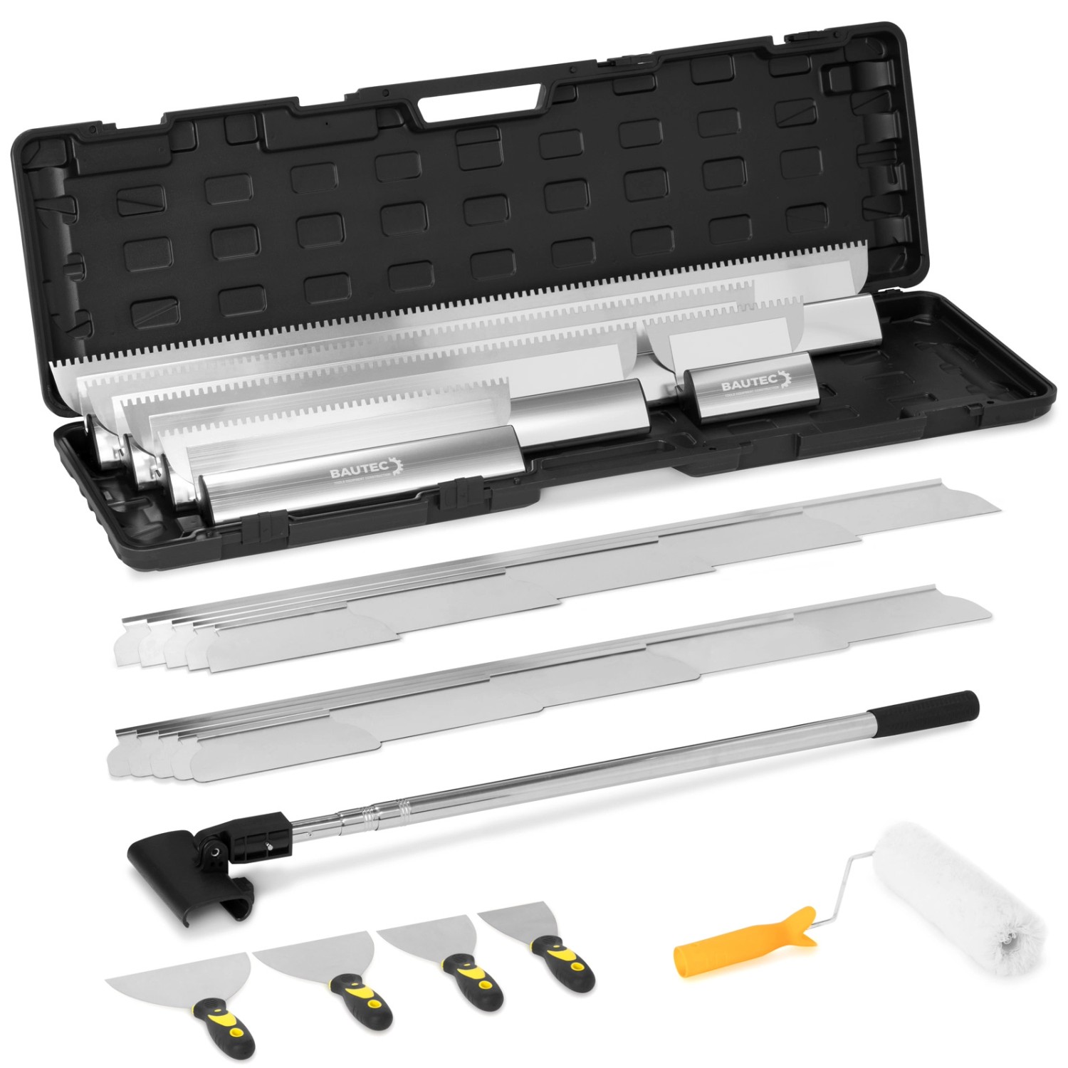 BAUTEC Profi Flächenspachtel 28-tlg. Kofferset mit Wechselblattsystem 20 - 100 cm und Zubehör