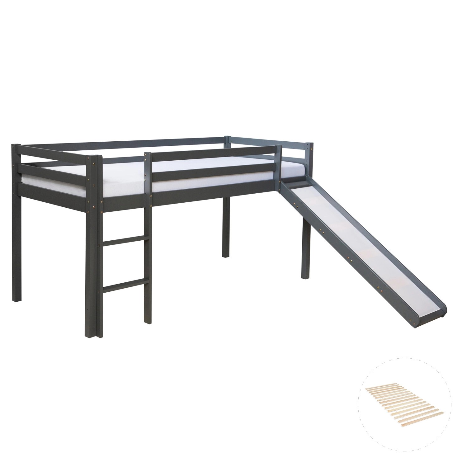 Homestyle4u Kinderbett 90x200 mit Lattenrost und Rutsche in Grau 2258