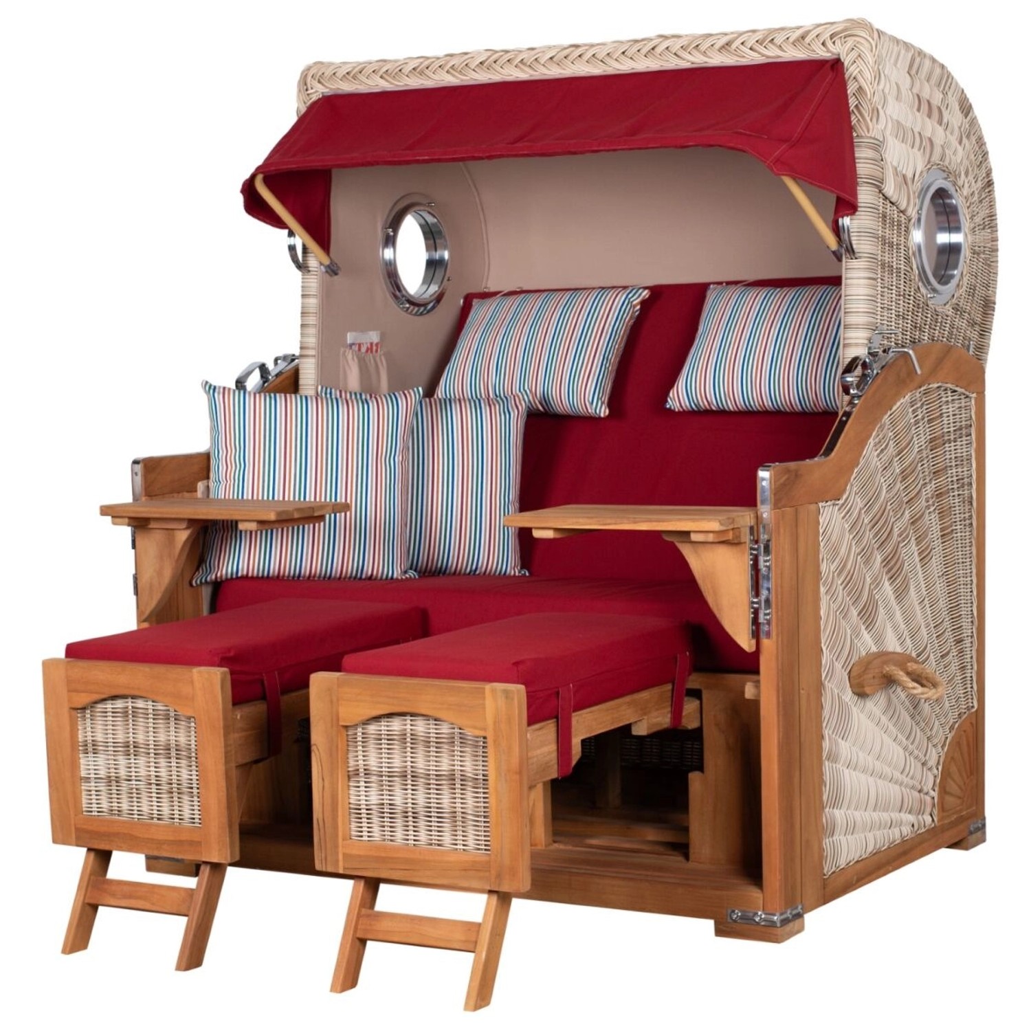 bene living Strandkorb Komplettset Ammersee Grande XL Teak Bullauge PE Shell Modell 585 Inkl Liftersystem Schutzhülle Doppelrollen Glasbecherhalter