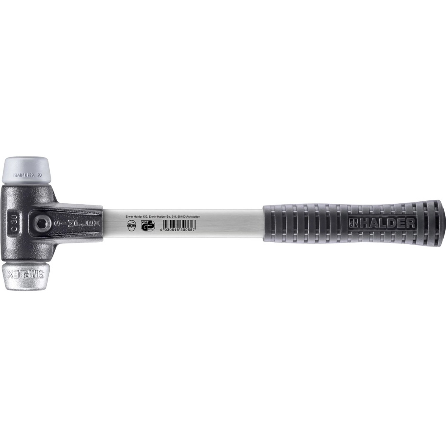 Halder Simplex Schonhammer Ø 30 mm TPE-mid Grau Weichmetall mit Verstärktem Tempergussgehäuse und FiberglasStiel