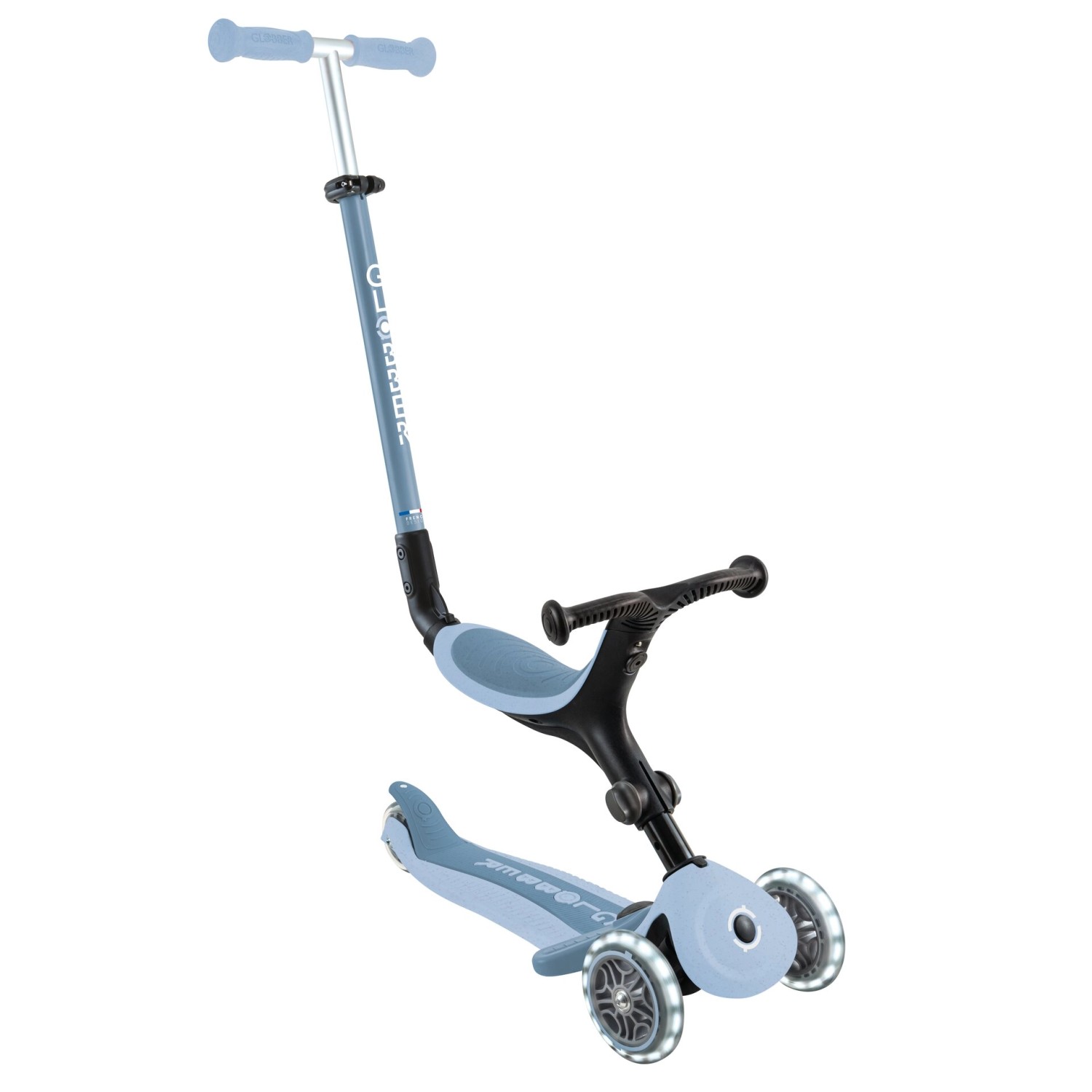 Globber Go-Up Active Lights Eco 3 in 1 Dreirad Laufrad und Scooter 120/80 mm 3-Rädrig Höhenverstellbar Blaubeere
