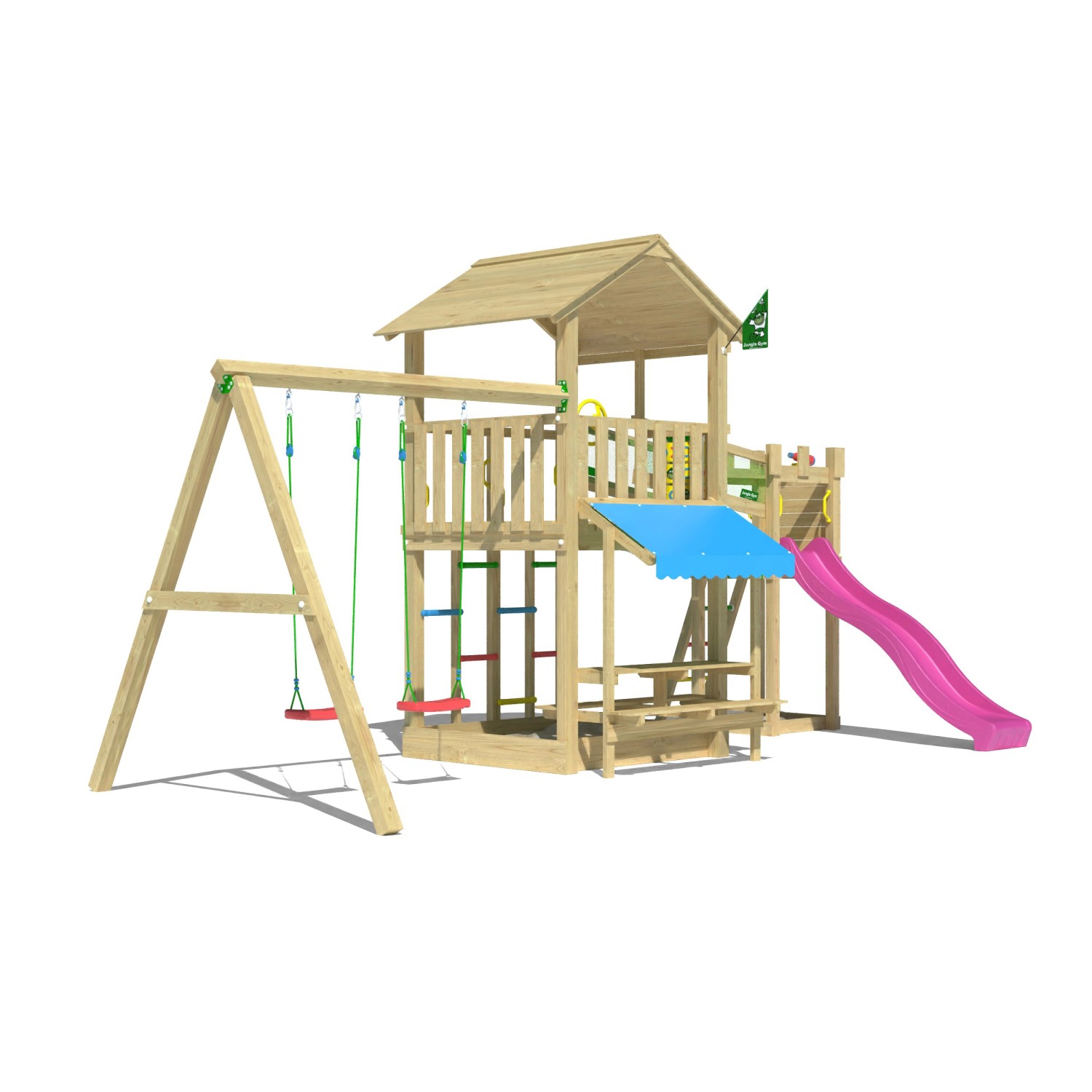 Jungle Gym Spielturm Cascade Holz Picnic m. 2 Schaukeln Brücke Rutsche Fuchsia