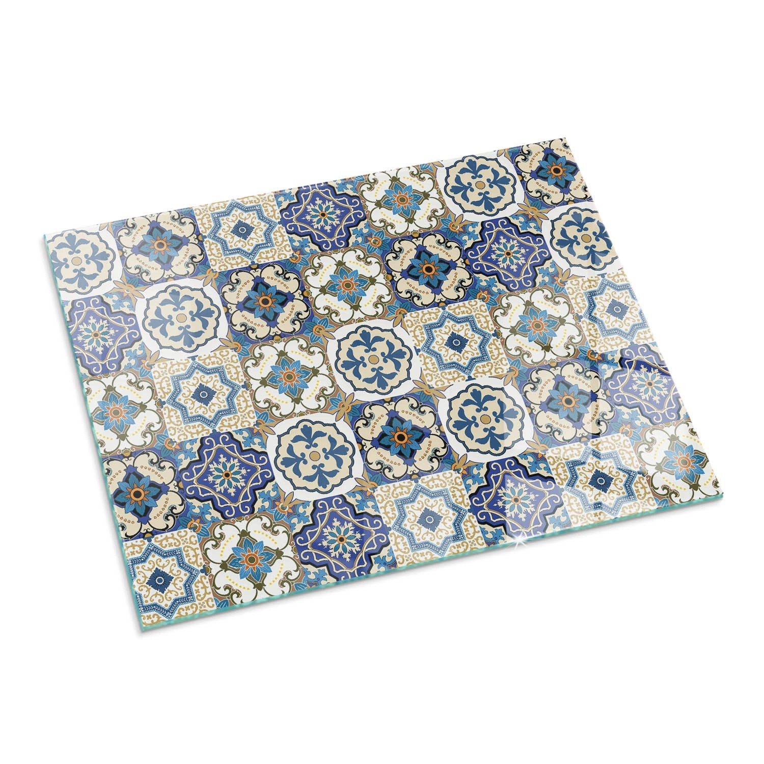 Tulup Glasplatte für Kamin Mosaikmuster mit Blumen Glas unter Kamin Rechteck 80x60 cm Blau Glasplatte für Kamin Glasplatte unter Kamin