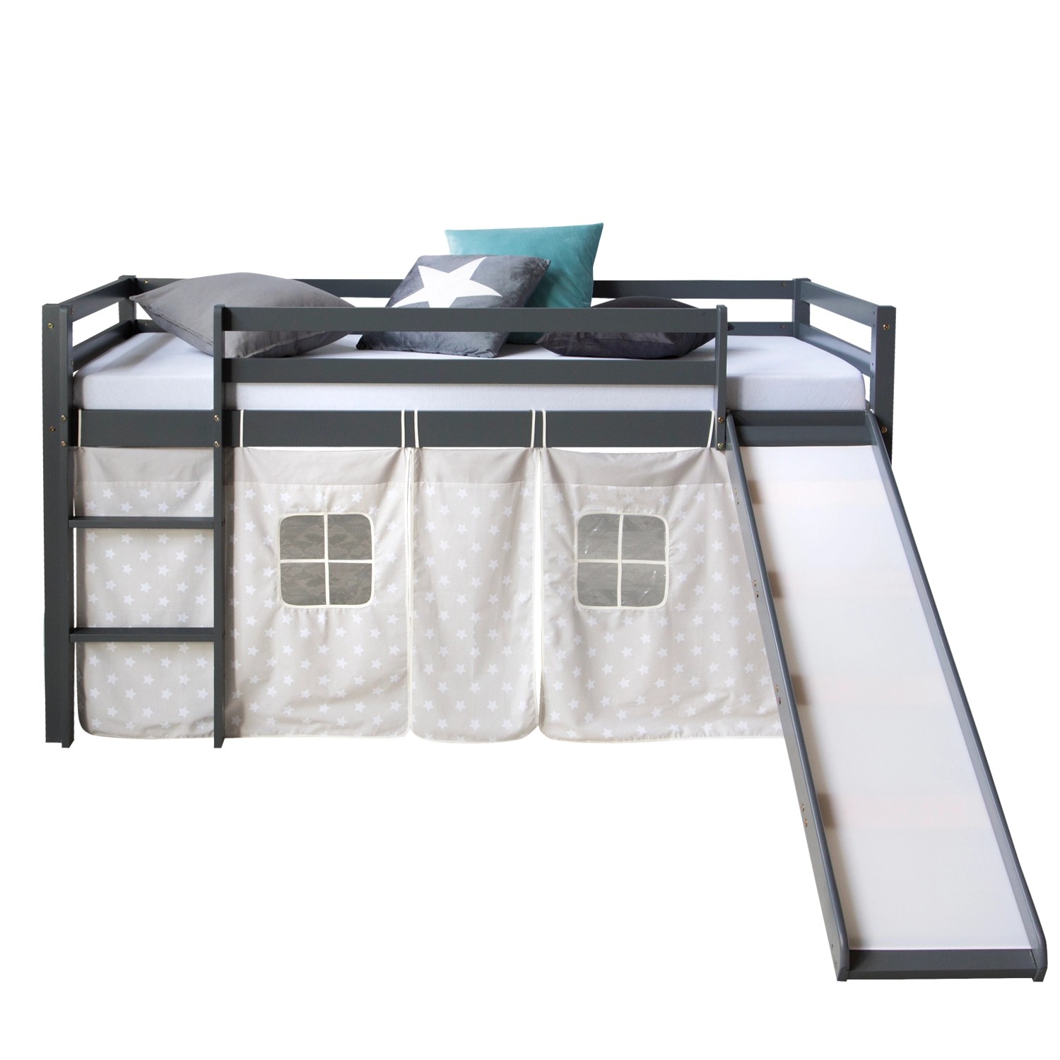 Homestyle4u Hochbett 90x200 mit Vorhang und Rutsche in Grau Sterne 1871