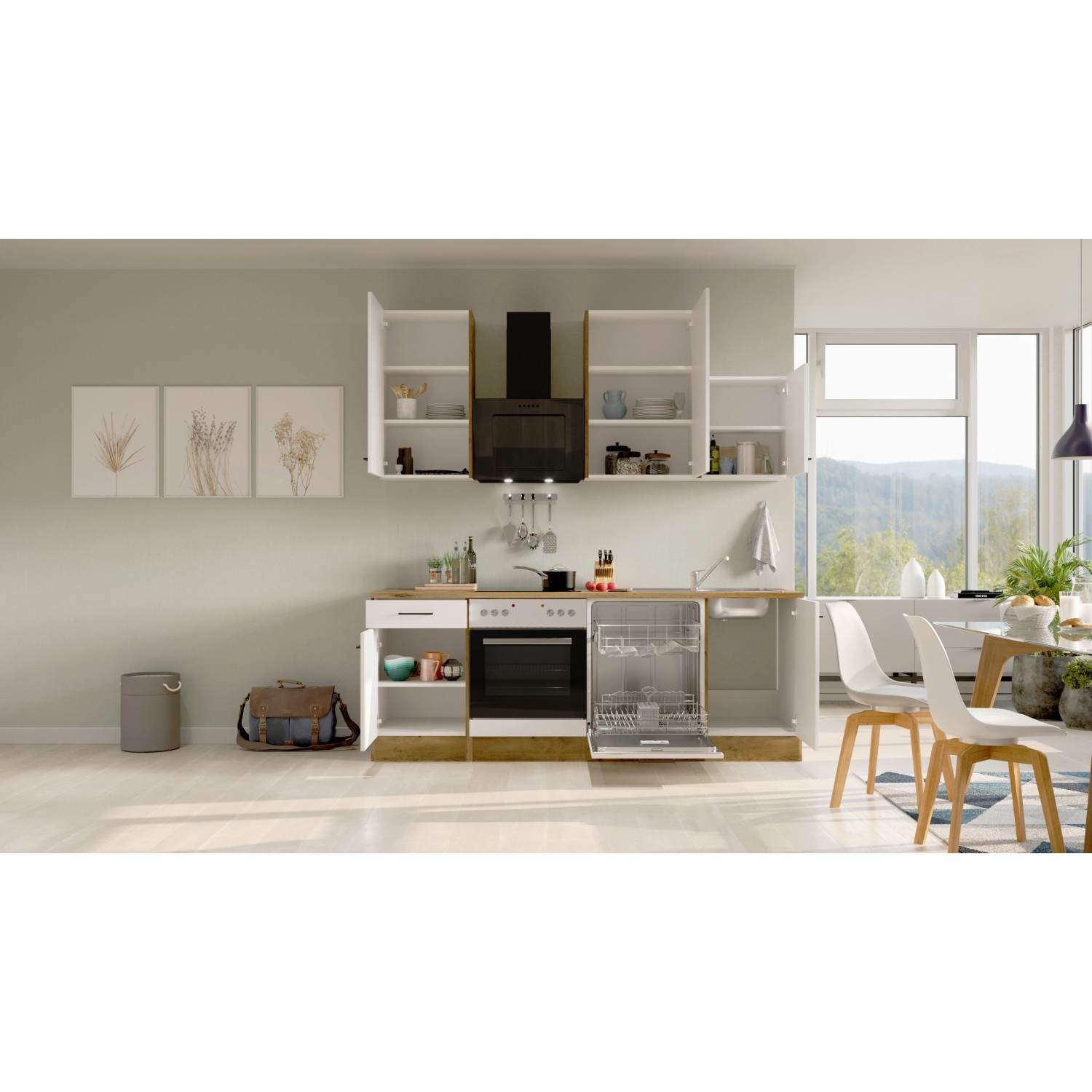 Flex-Well Exclusiv Küchenzeile Vintea 220 cm Magnolia matt - Lancelot Oak