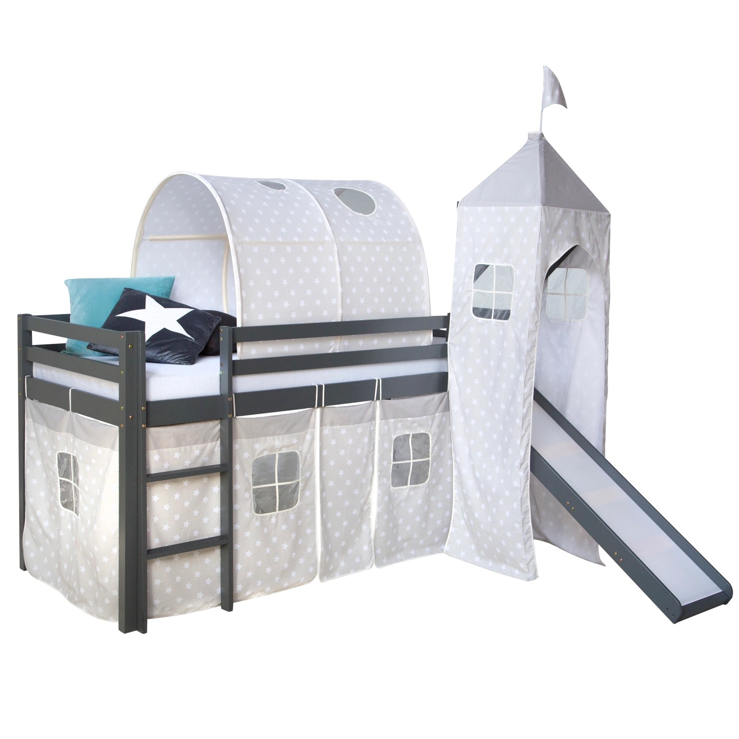 Homestyle4u Hochbett 90x200 mit Vorhang Rutsche Tunnel Turm in Grau Sterne 1874