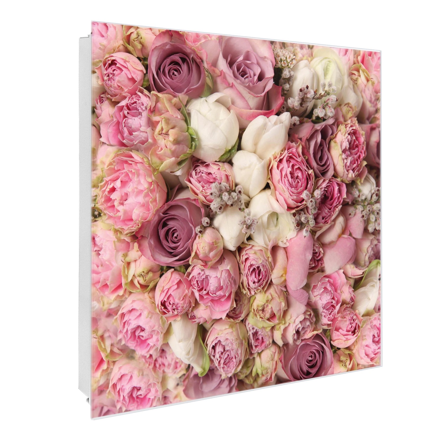 Banjado Großer Schlüsselkasten Glas 30x30cm Weiß Scharnier Links 50 Haken Beschreibbar Magnetisch Motiv Strauss Rosen