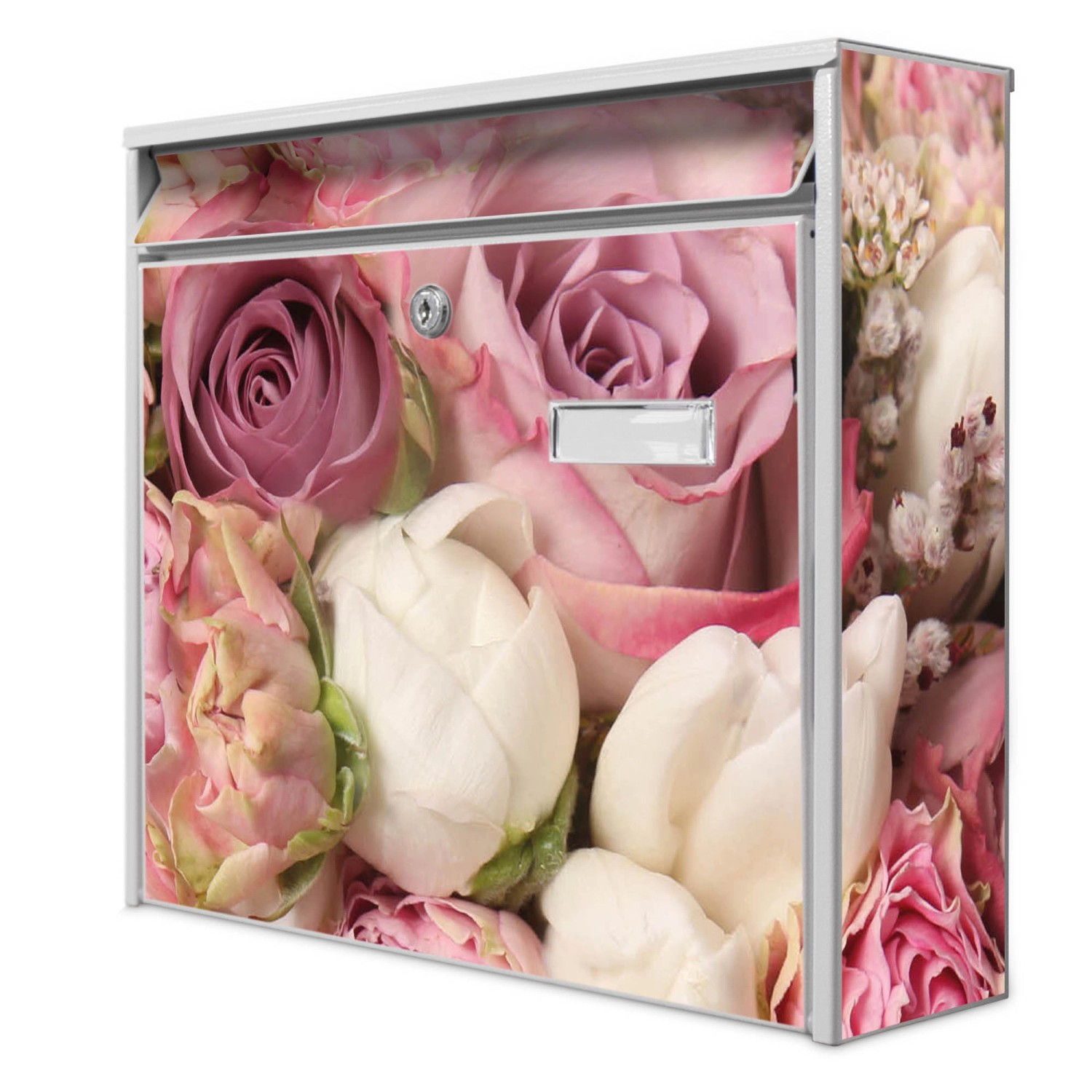 Banjado Briefkasten Weiß 36.2x32.2x10cm Groß / Inkl. Montagematerial & 2 Schlüsseln / Mit Namensschild Motiv Strauss Rosen