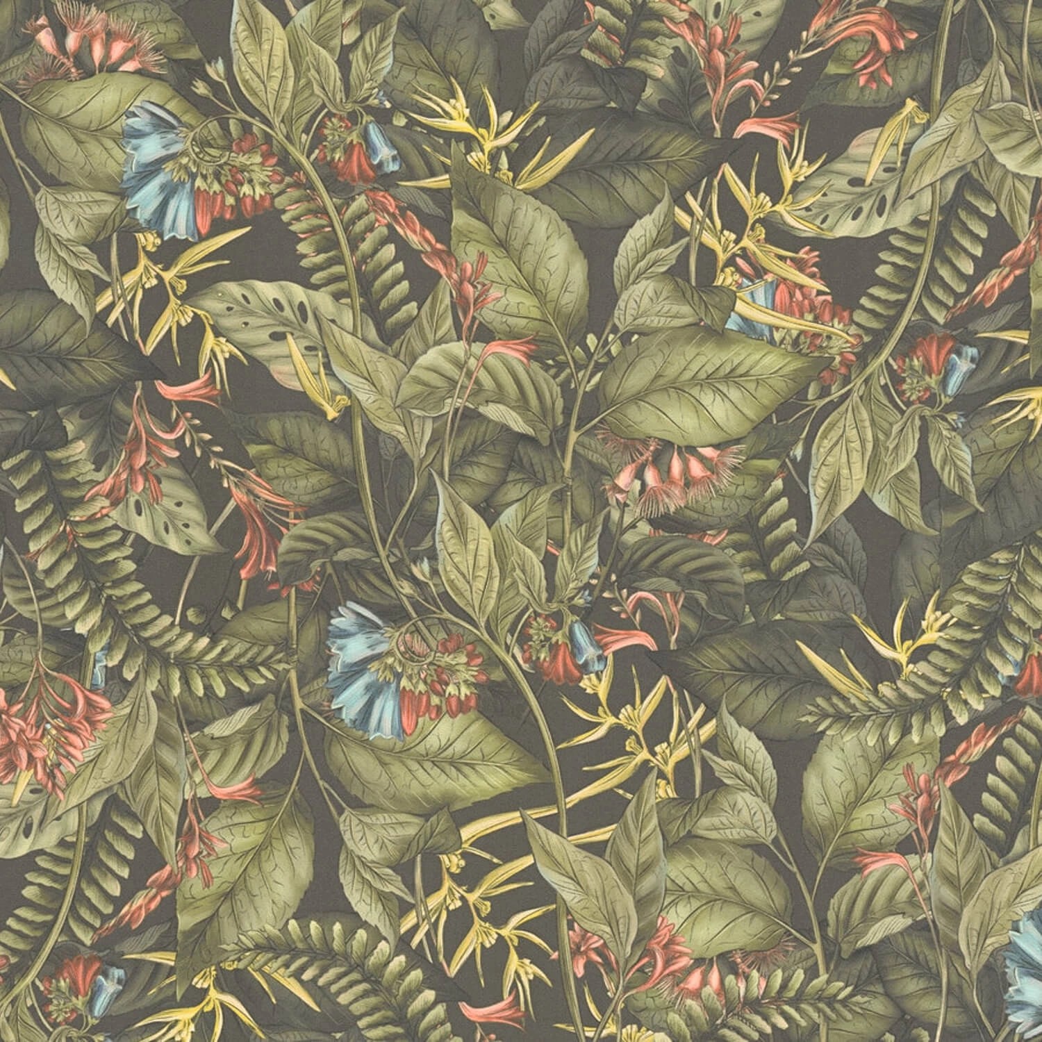 PROFHOME 394251-GU Blumen Tapete Dschungel Grün dunkel-Grün Rot Gelb 0,53 m x 10,05 m 5,33 m2 Grün